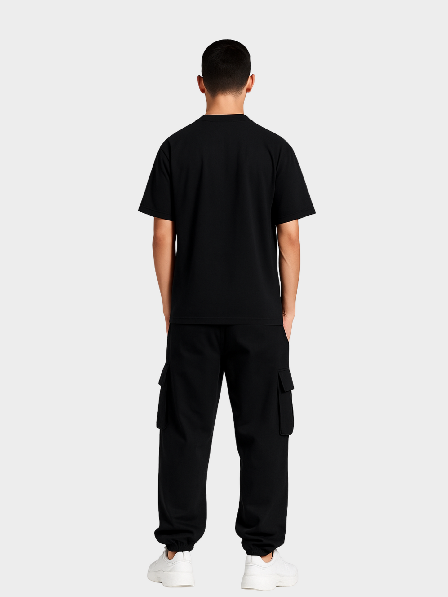Schwarzes Oversize T-Shirt Rückansicht. Getragen von männlichem Model mit schwarzen Cargo Pants und weißen Sneakern. Schlichtes Rückendesign ohne Print – moderner Streetwear-Style.