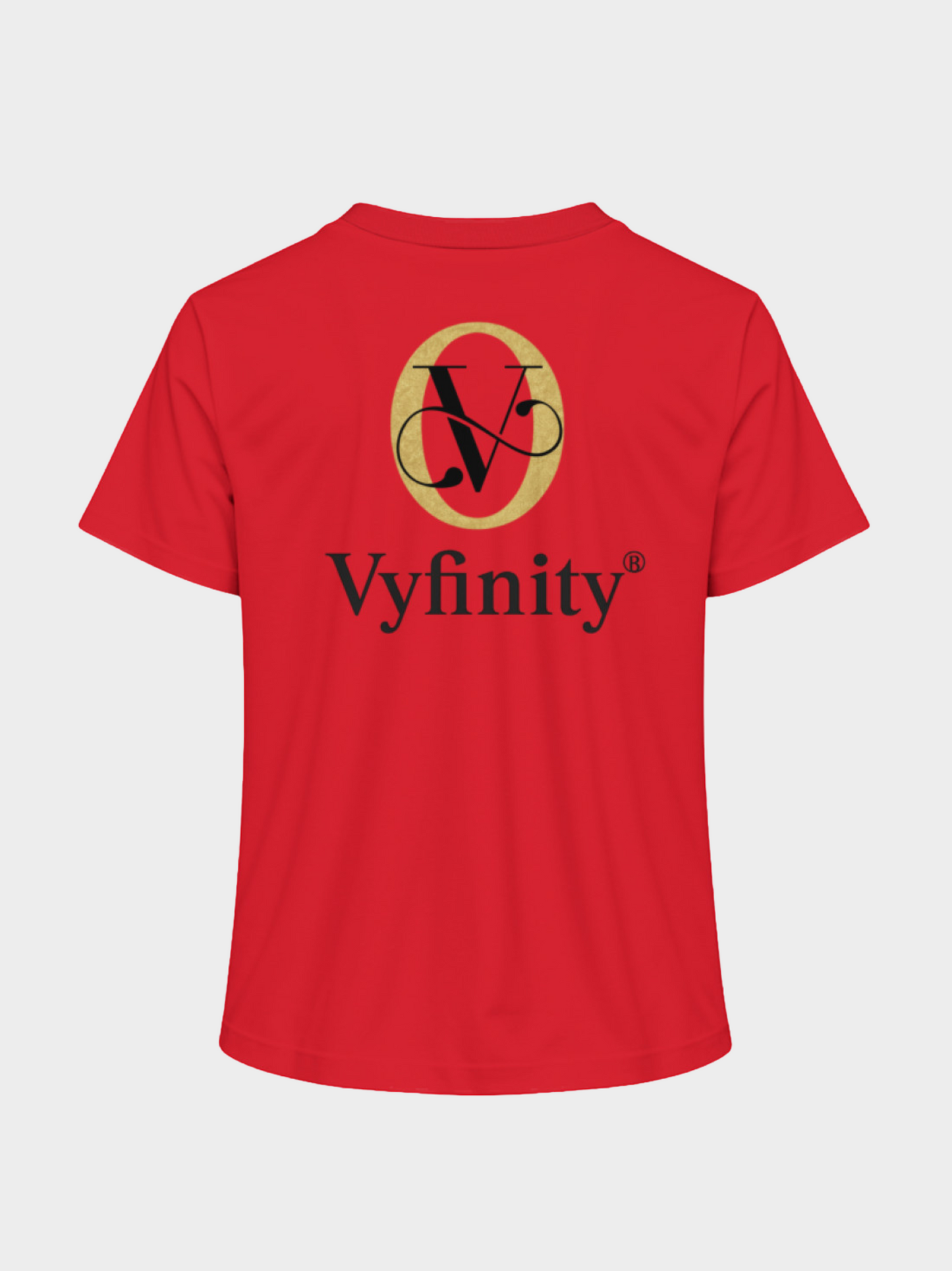 Vyfinity T-Shirt in kräftigem Rot mit großem gold-schwarzen Logo-Emblem und Schriftzug auf der Rückseite. Auffälliges Design mit Premium-Branding.