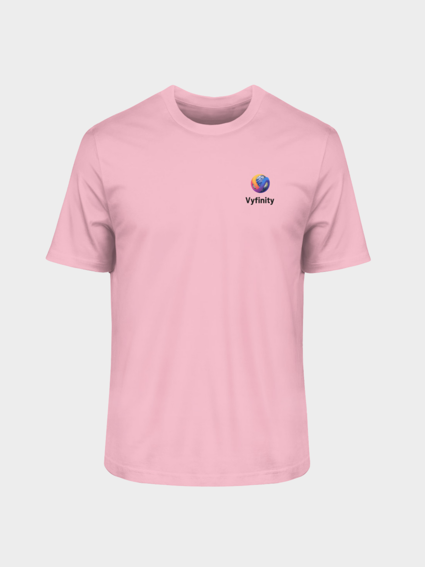 Vyfinity Logo T-Shirt in Rosa, Vorderansicht als Produktfoto ohne Model. Basic-Shirt mit kleinem Vyfinity Globus-Logo links auf der Brust. Moderner Streetwear Style in zartem Pink, ideal für Freizeit, Sommer-Outfits und als Geschenkidee.