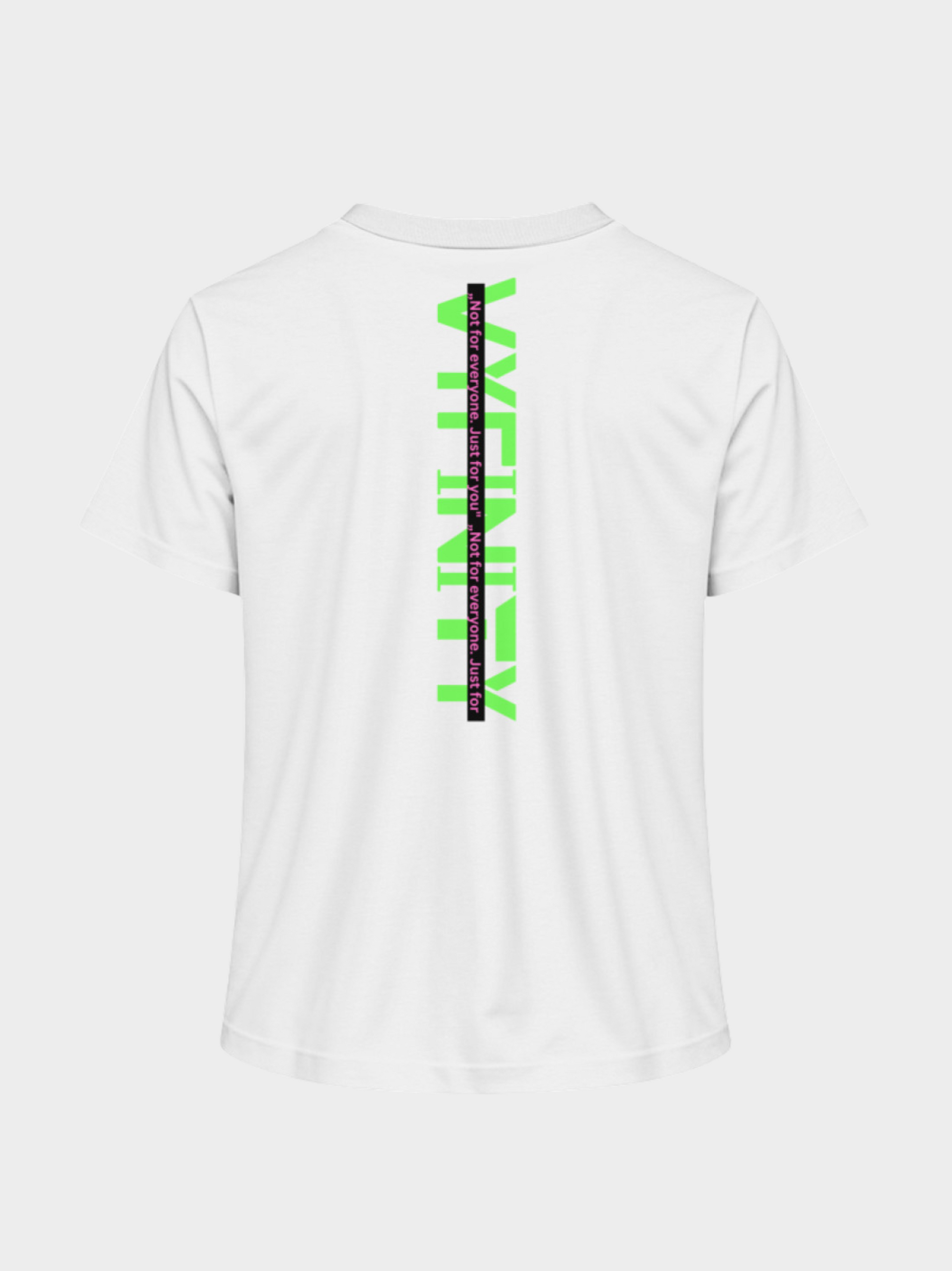 Vyfinity Logo T-Shirt in Weiß, Rückansicht. Auffälliger vertikaler Backprint in Neon-Grün mit schwarzem Balken und dem Text „Not for everyone. Just for you!“. Moderner Streetwear-Look mit urbanem Statement.
