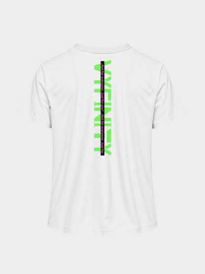 Vyfinity Logo T-Shirt in Weiß, Rückansicht. Auffälliger vertikaler Backprint in Neon-Grün mit schwarzem Balken und dem Text „Not for everyone. Just for you!“. Moderner Streetwear-Look mit urbanem Statement.