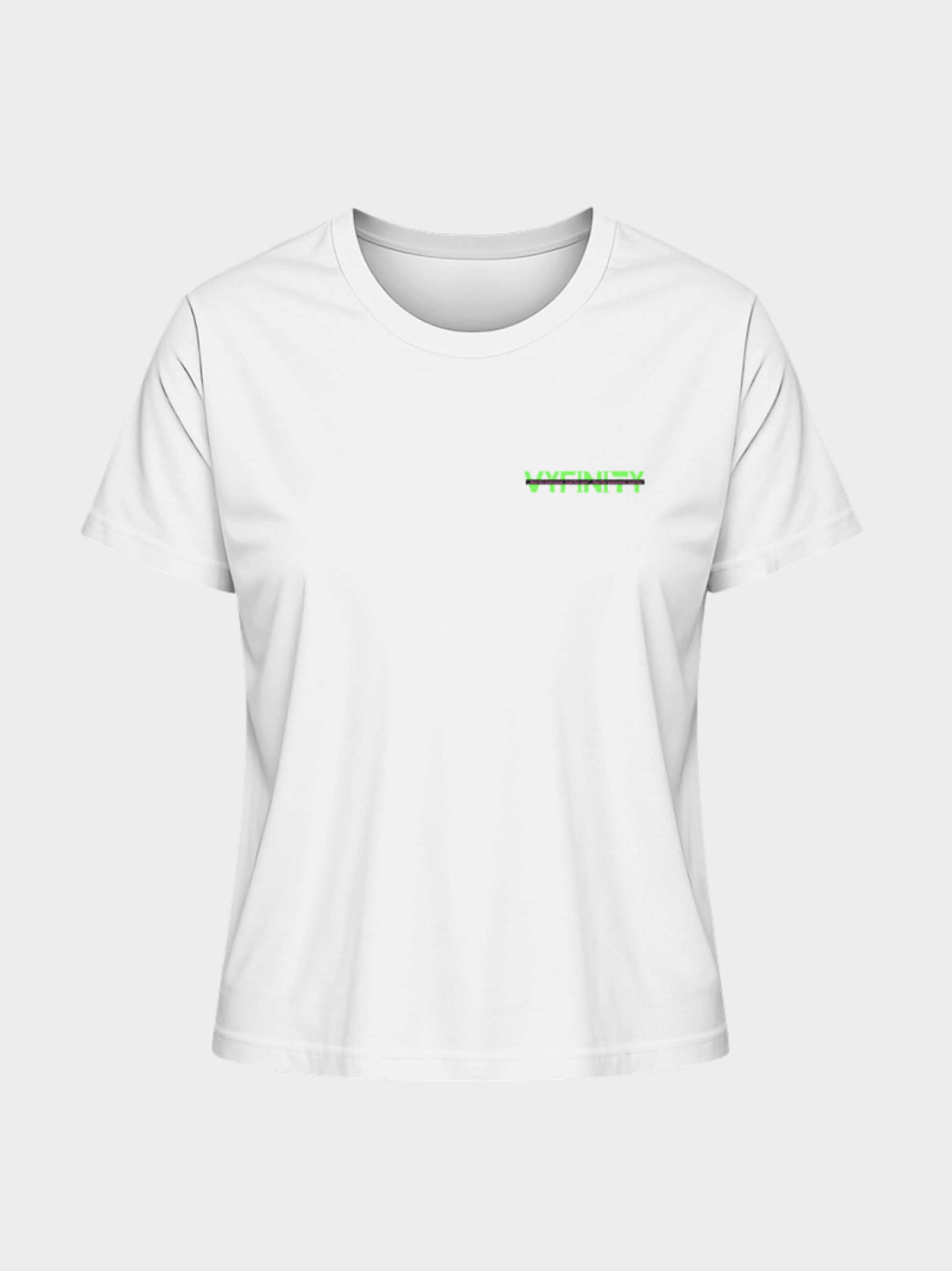 Vyfinity Logo T-Shirt in Weiß, Vorderansicht. Minimalistisches Streetwear-Shirt mit kleinem Neon-Grün Logo-Print auf der linken Brust. Urbaner Style mit modernem Statement-Look.