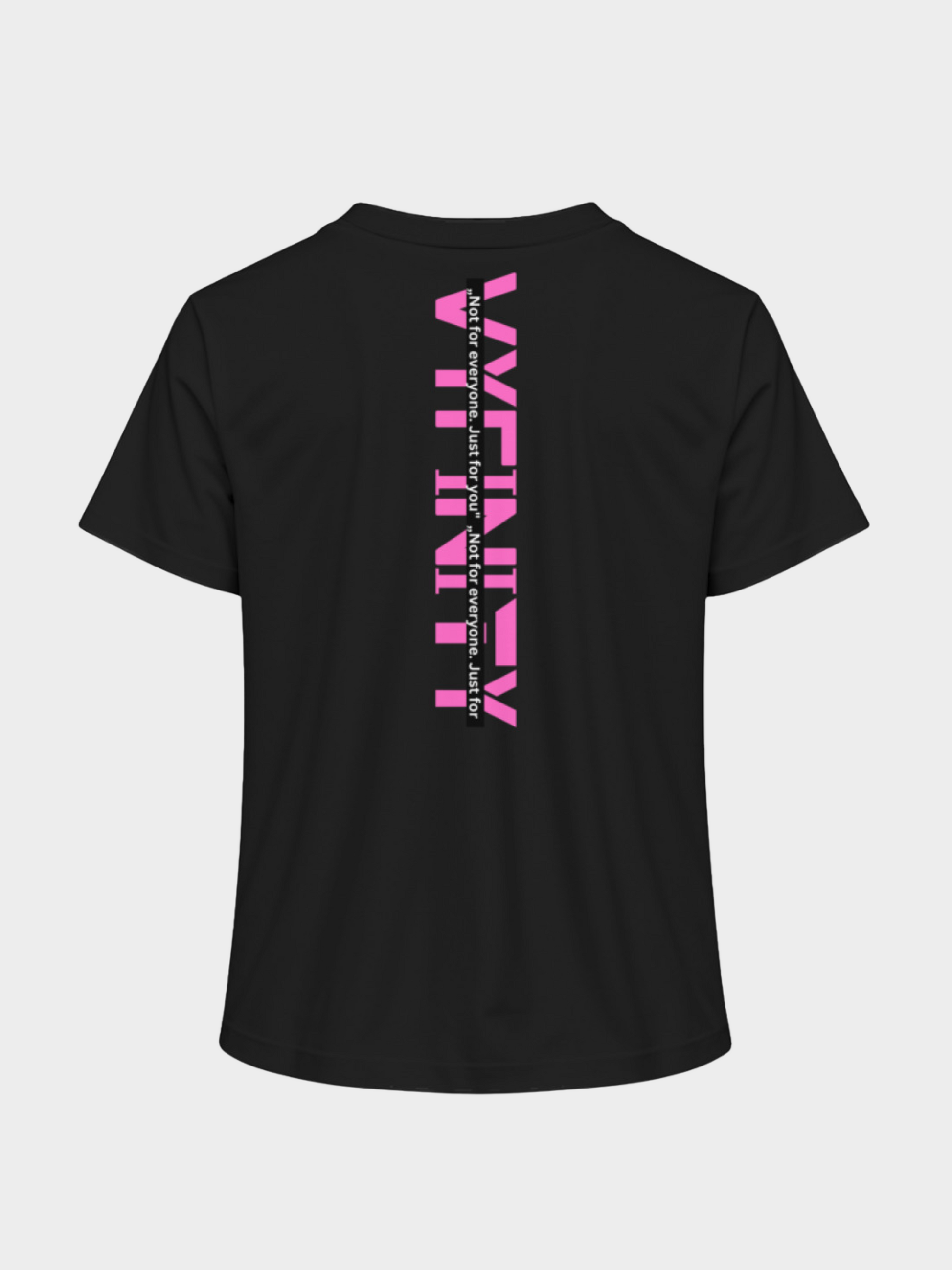 Vyfinity Logo T-Shirt in Schwarz mit auffälligem pinken Rückenprint im vertikalen Design. Streetwear-Style mit Schriftzug „Not for everyone. Just for you.“