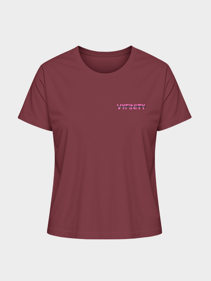 Vyfinity Logo T-Shirt in Bordeauxrot mit kleinem Frontprint in Pink. Minimalistisches Design für modernen Streetwear-Look.