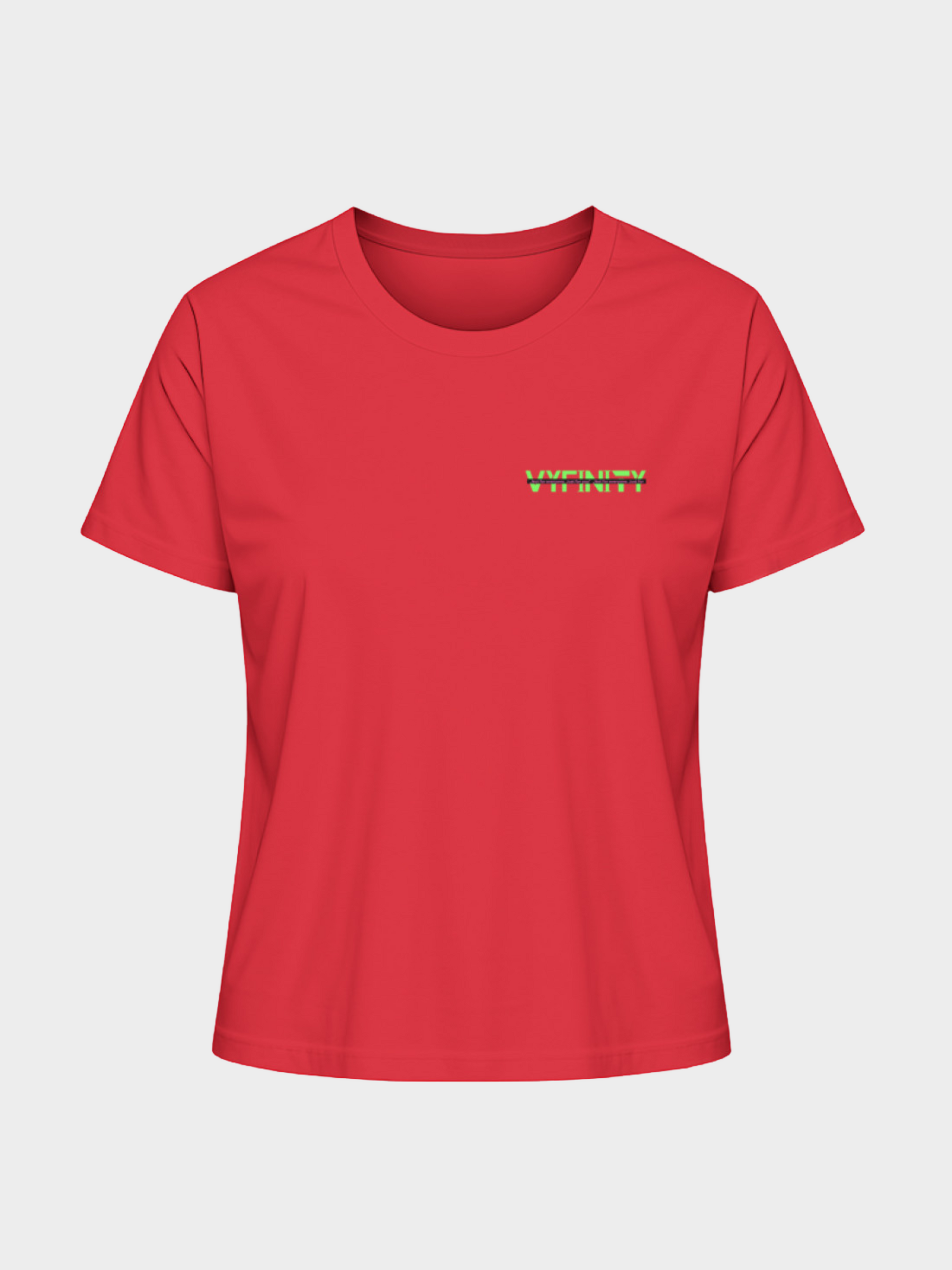 Vyfinity Logo T-Shirt in leuchtendem Rot, Vorderansicht. Dezentes Brustlogo in Neon-Grün mit futurischem Schriftzug und Glitch-Effekt. Minimalistischer Streetwear-Style mit modernem Akzent.