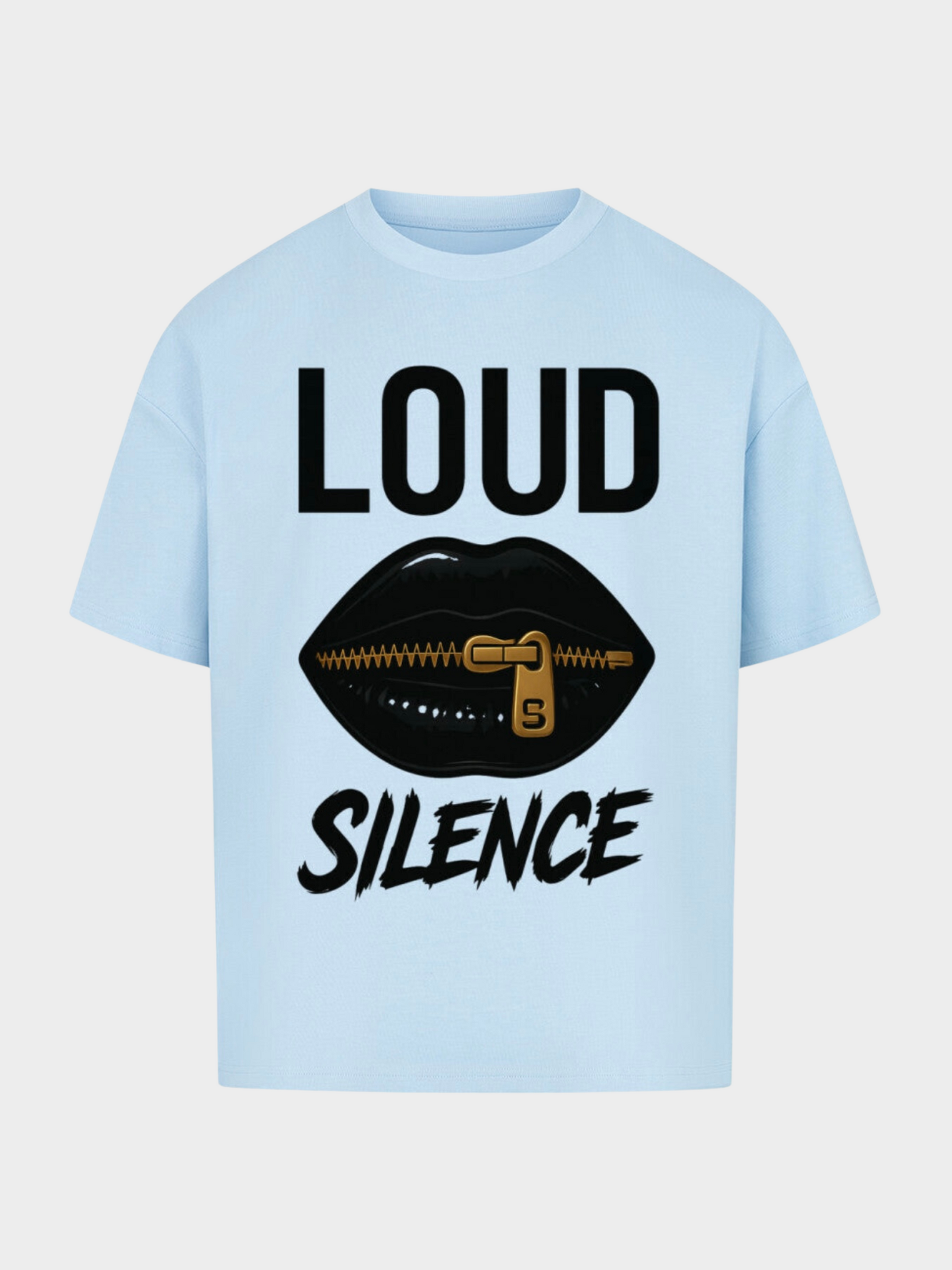 Vyfinity Oversized T-Shirt „LOUD SILENCE“ in Babyblau. Eyecatcher-Print mit schwarzen Lippen, goldenem Reißverschluss und markantem LOUD SILENCE Schriftzug. Trendige Streetwear für auffällige Looks.