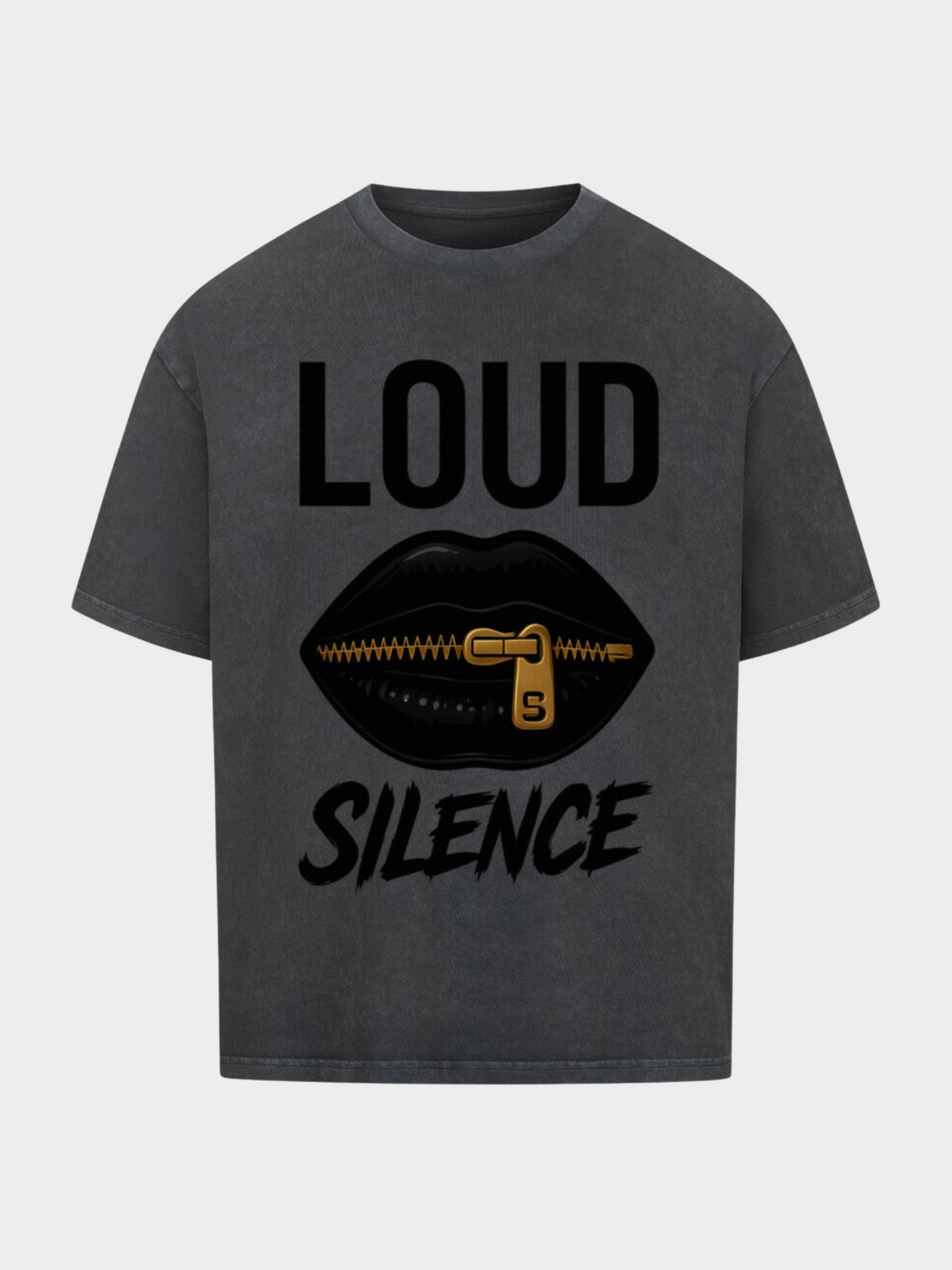 Vyfinity Statement T-Shirt „LOUD SILENCE“ in Vintage-Grau, oversized Schnitt. Schwarze Lippen mit goldenem Reißverschluss als zentraler Print, dazu der Schriftzug LOUD SILENCE. Urbaner Streetstyle im washed Look.