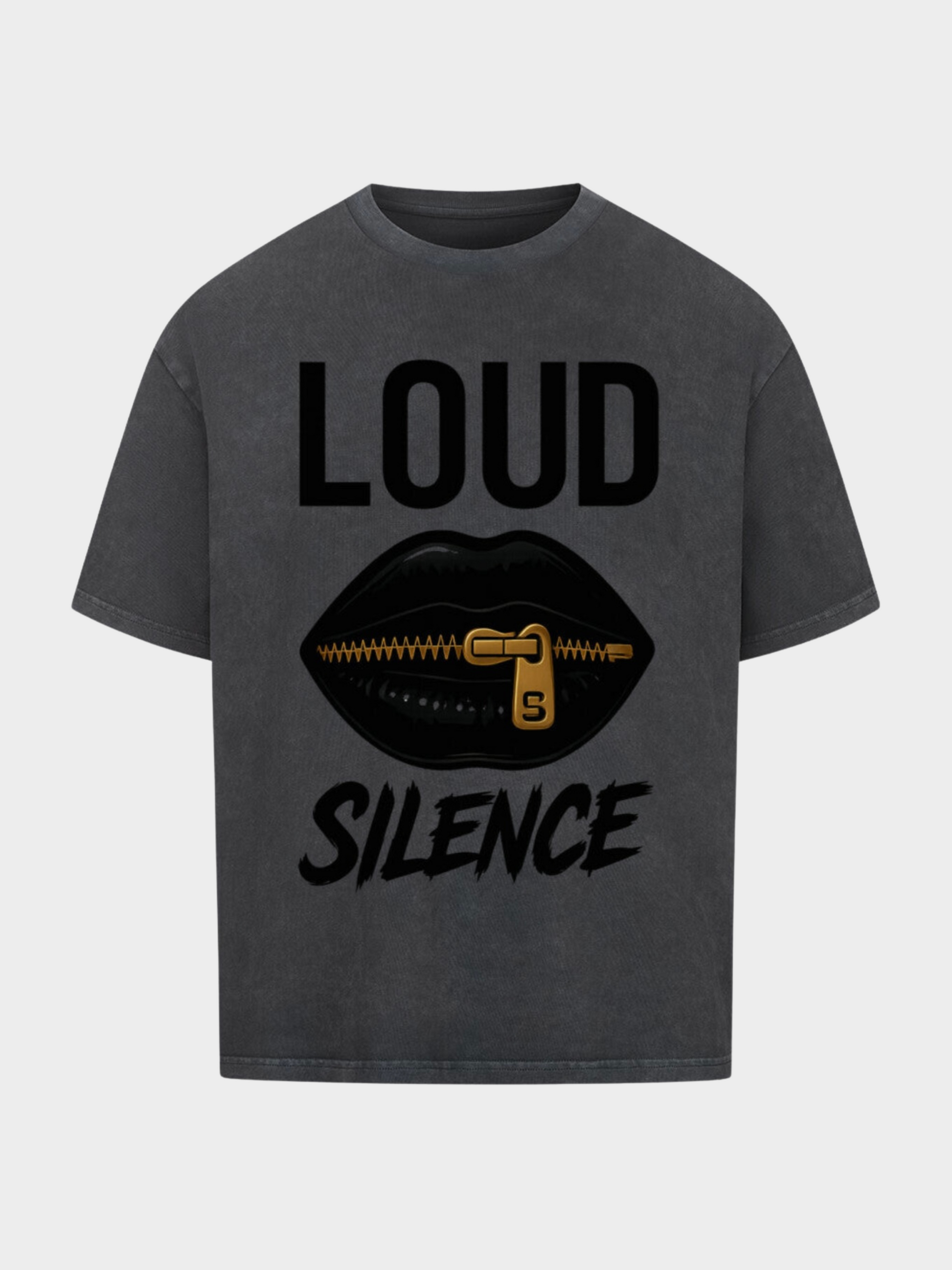 Vyfinity Statement T-Shirt „LOUD SILENCE“ in Vintage-Grau, oversized Schnitt. Schwarze Lippen mit goldenem Reißverschluss als zentraler Print, dazu der Schriftzug LOUD SILENCE. Urbaner Streetstyle im washed Look.
