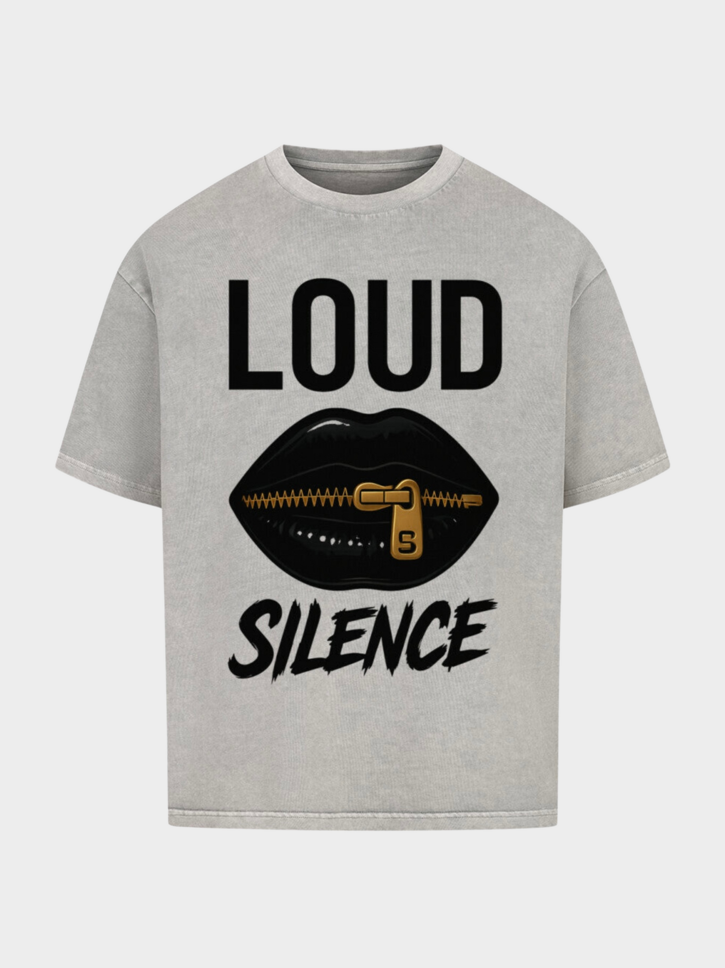 Vyfinity Oversized T-Shirt „LOUD SILENCE“ in heller Vintage-Waschung. Schwarzer Statement-Print mit großen Lippen, goldenem Reißverschluss und dem Schriftzug LOUD SILENCE. Moderner Streetwear Look im Retro-Washed Style.