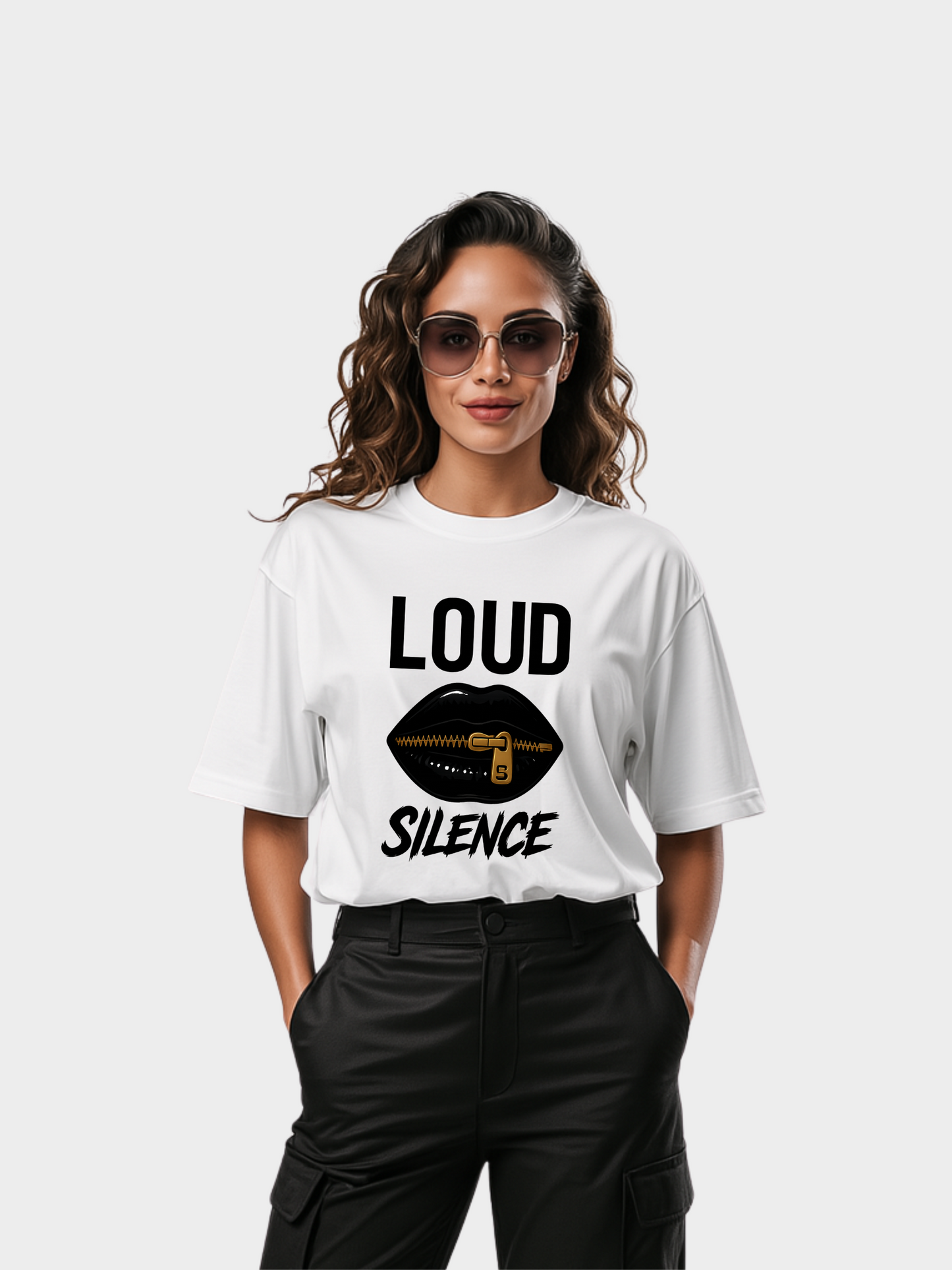 Vyfinity Statement T-Shirt in Weiß mit großem Frontprint „LOUD SILENCE“. Schwarze glänzende Lippen mit goldenem Reißverschluss als Symbol für starkes Schweigen. Moderner Streetwear-Look mit auffälligem Design.