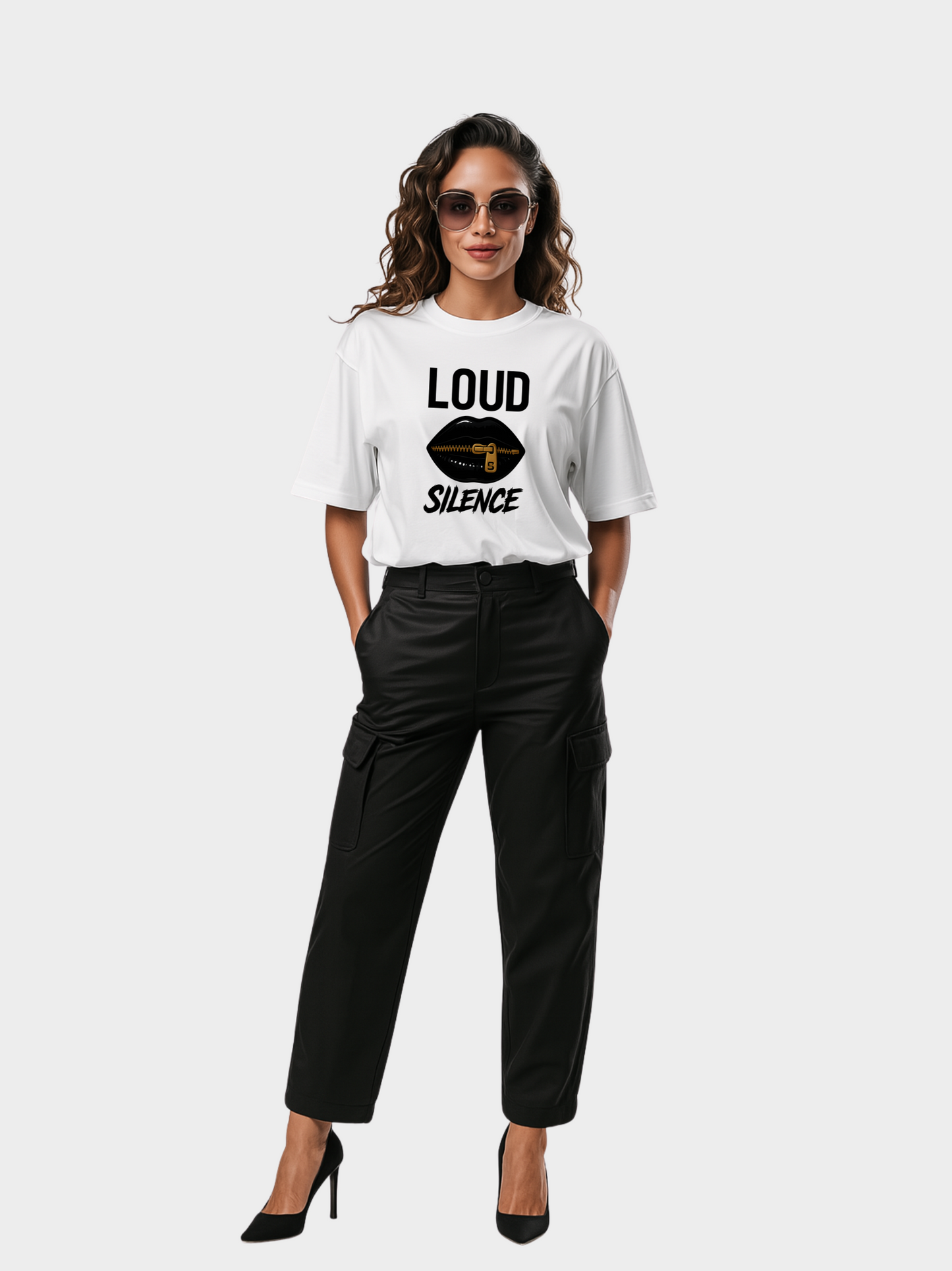 Vyfinity Statement T-Shirt „LOUD SILENCE“ in Weiß. Auffälliges Frontprint mit schwarzen Lippen und goldenem Reißverschluss, kombiniert mit schwarzen Cargohosen und High Heels. Moderner Streetwear-Look mit femininer Eleganz.