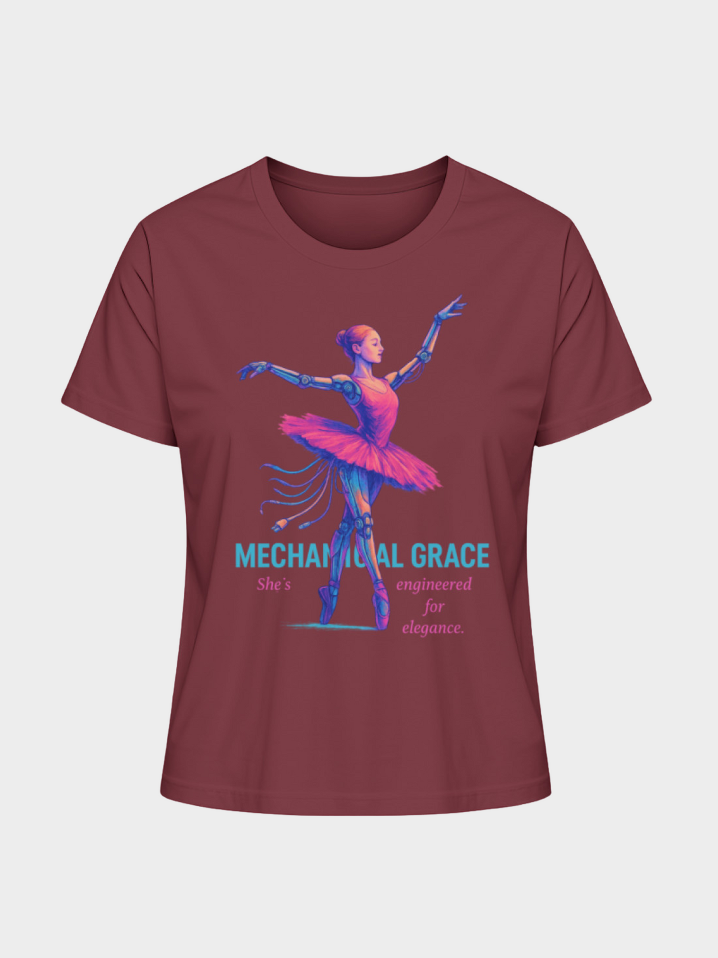 Vyfinity Mechanical Grace T-Shirt in Bordeaux-Rot, Frontansicht. Futuristisches Design mit einer Roboter-Ballerina in Pink und Lila, kombiniert mit dem Schriftzug „Mechanical Grace – She’s engineered for elegance“.
