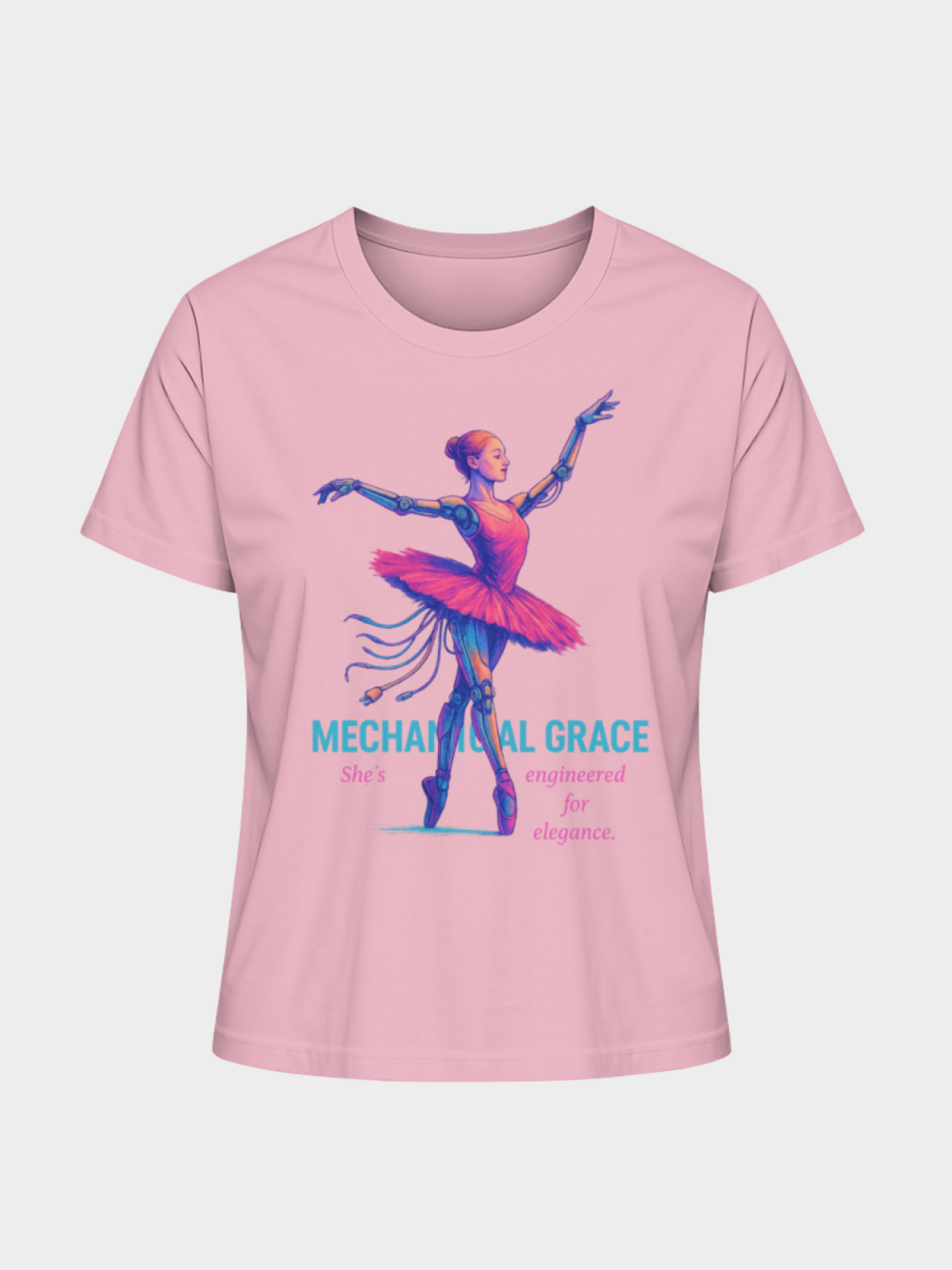 Vyfinity Mechanical Grace T-Shirt in Rosa, Frontansicht. Künstlerisches Design einer futuristischen Roboter-Ballerina in Pink und Lila mit dem Schriftzug „Mechanical Grace – She’s engineered for elegance“.