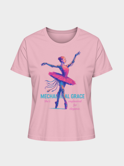 Vyfinity Mechanical Grace T-Shirt in Rosa, Frontansicht. Künstlerisches Design einer futuristischen Roboter-Ballerina in Pink und Lila mit dem Schriftzug „Mechanical Grace – She’s engineered for elegance“.
