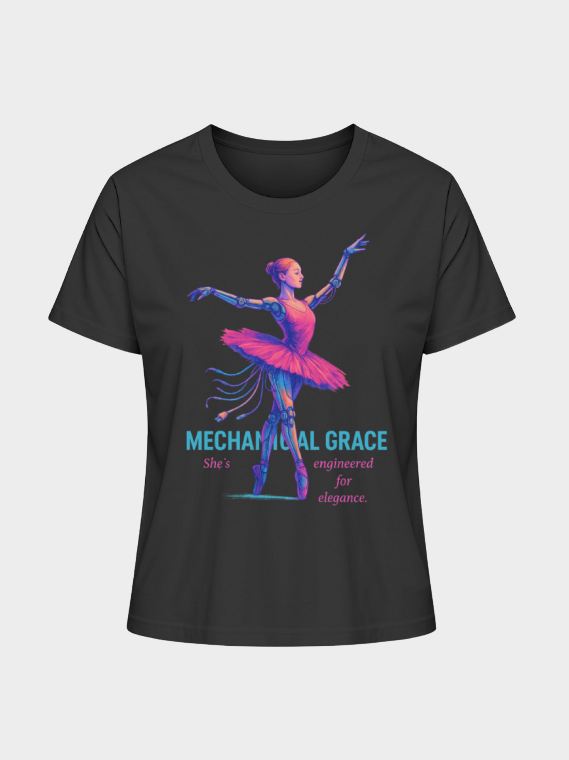 Vyfinity Mechanical Grace T-Shirt in Schwarz, Frontansicht. Futuristisches Design einer Roboter-Ballerina in Pink und Lila, kombiniert mit dem Schriftzug „Mechanical Grace – She’s engineered for elegance“.