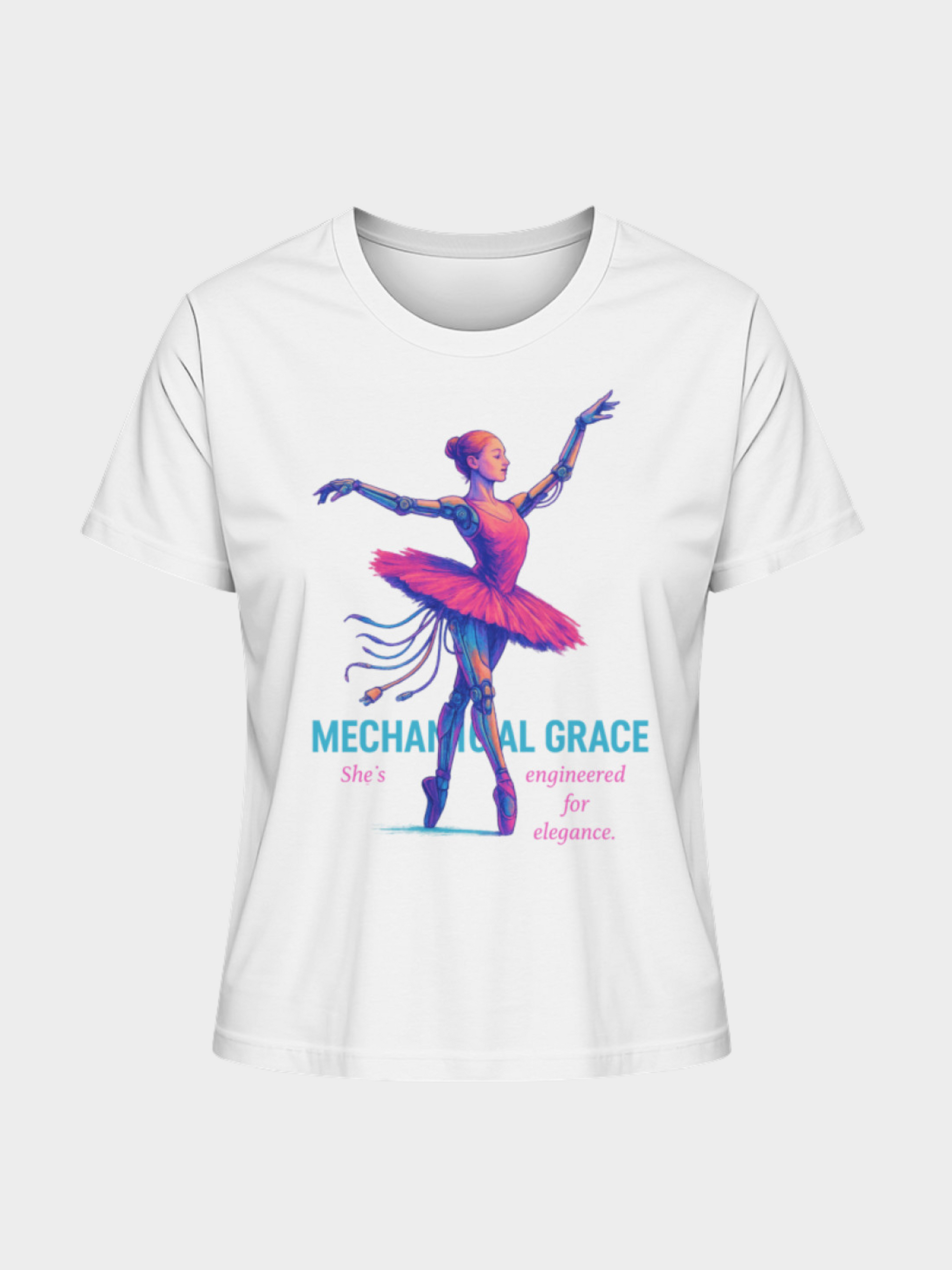 Vyfinity Mechanical Grace T-Shirt in Weiß, Frontansicht. Design mit futuristischer Roboter-Ballerina in Pink und Lila, darunter der Schriftzug „Mechanical Grace – She’s engineered for elegance“.