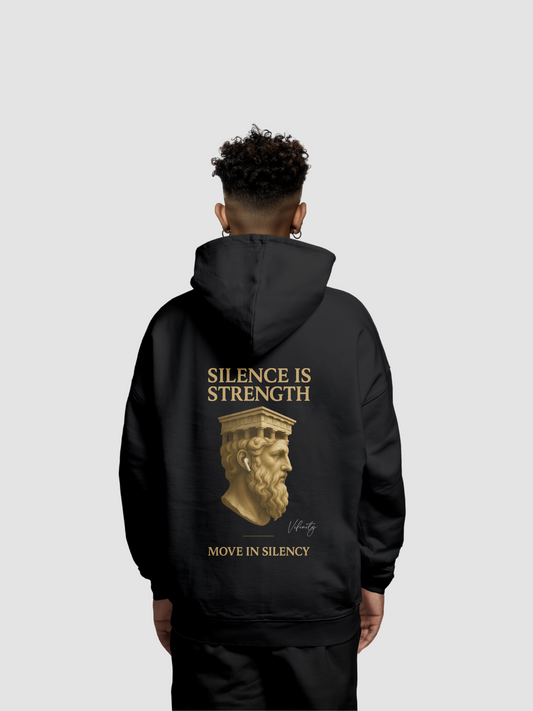 Vyfinity Move in Silency Hoodie mit goldener Statue und Claim Silence is Strength – Rückenansicht