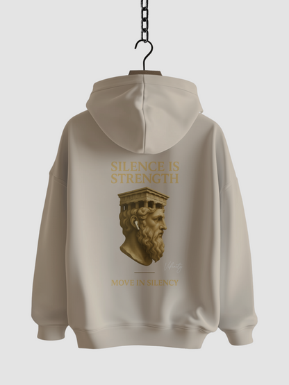 Vyfinity Move in Silency Hoodie in Desert Dust – Rückseite mit goldener Statue und Claim Silence is Strength
