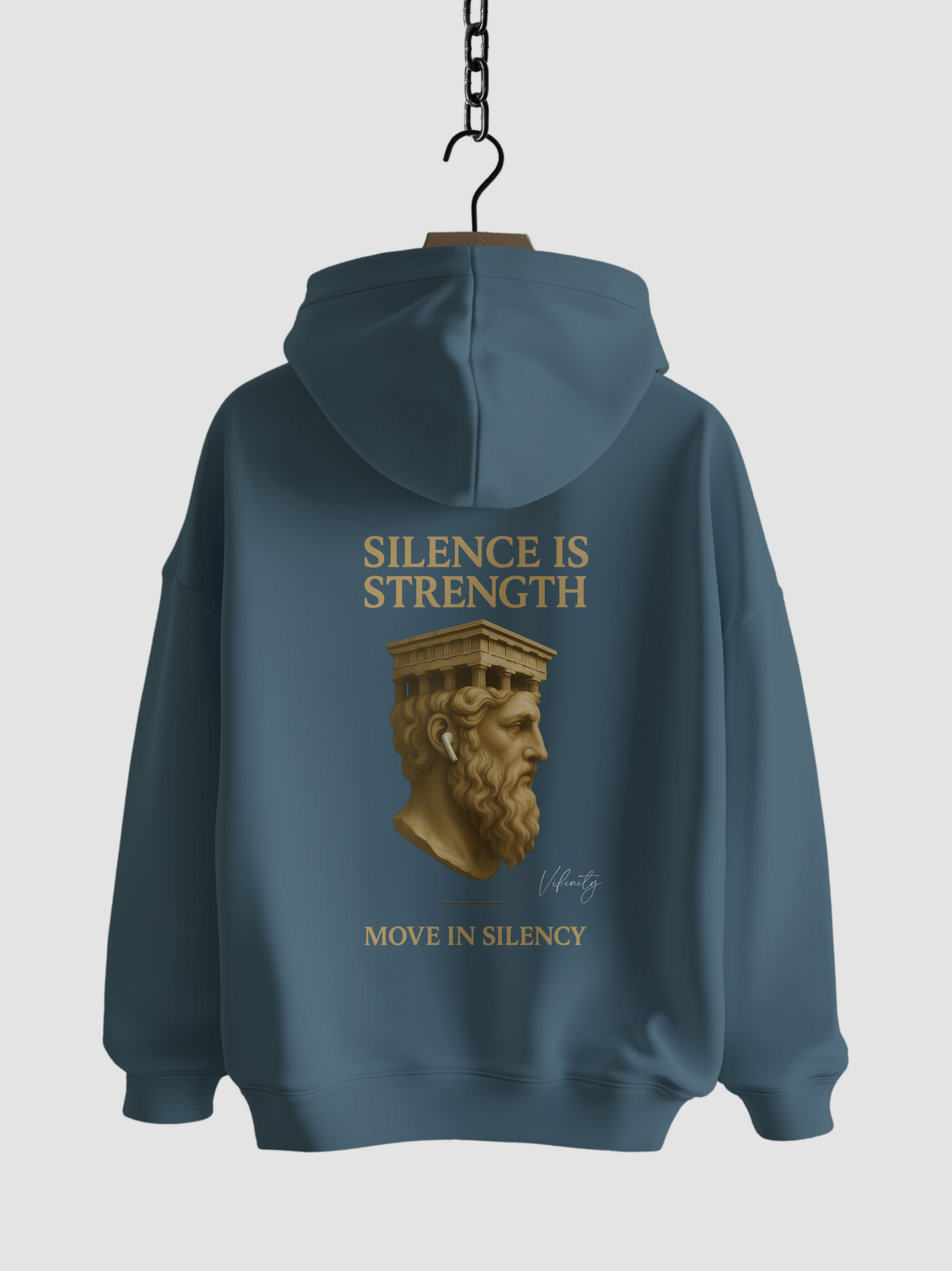 Vyfinity Move in Silency Hoodie in Stargazer – Rückseite mit goldener Statue und Claim Silence is Strength
