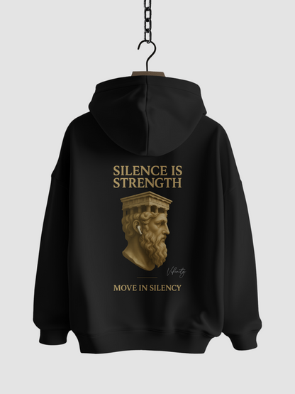 Schwarzer Hoodie mit Rückendruck „Silence is Strength – Move in Silency“, goldene antike Büste, Vyfinity Streetwear Unisex Kapuzensweater.