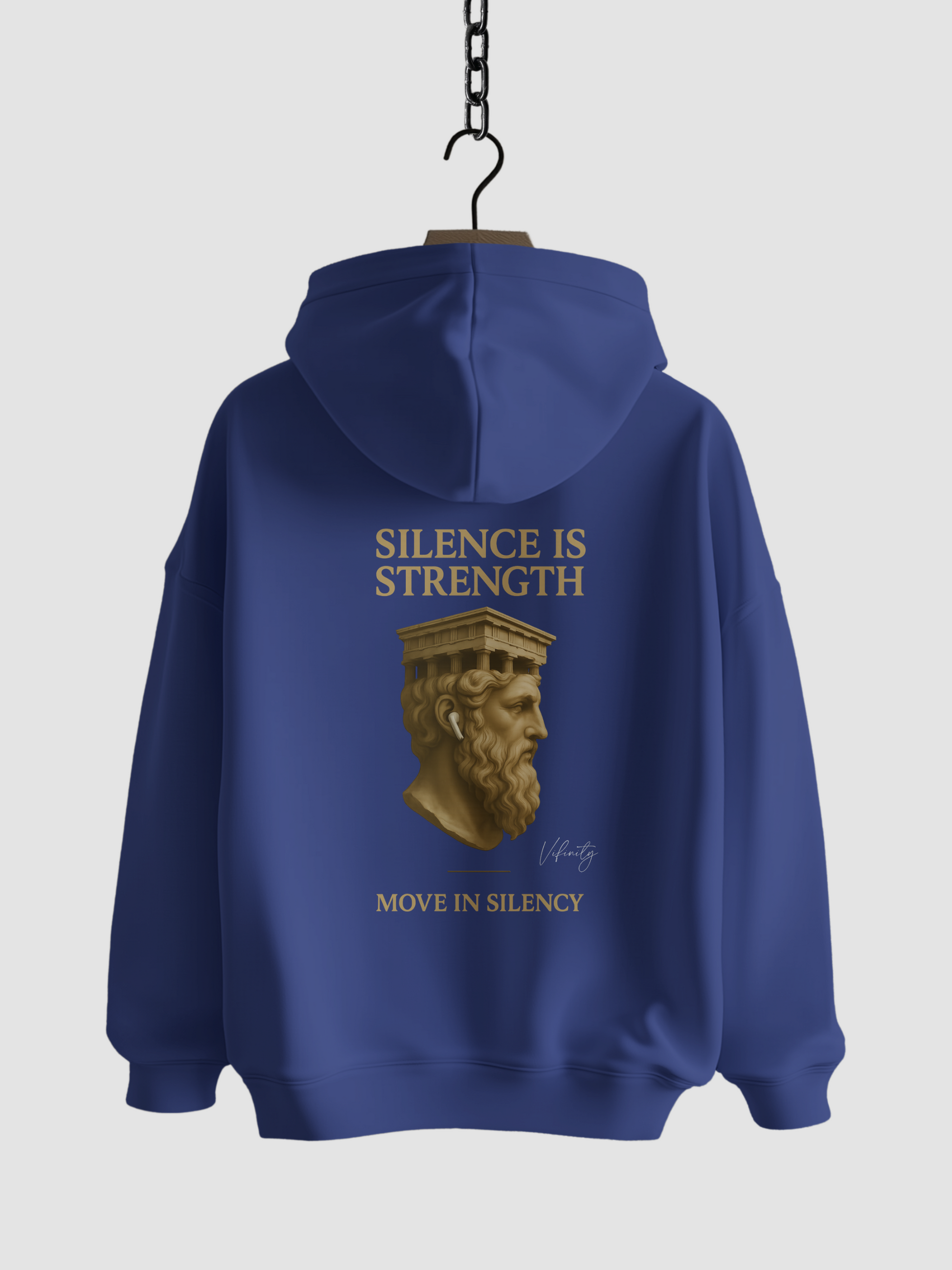Vyfinity Move in Silency Hoodie in Worker Blue – Rückseite mit goldener Statue und Claim Silence is Strength