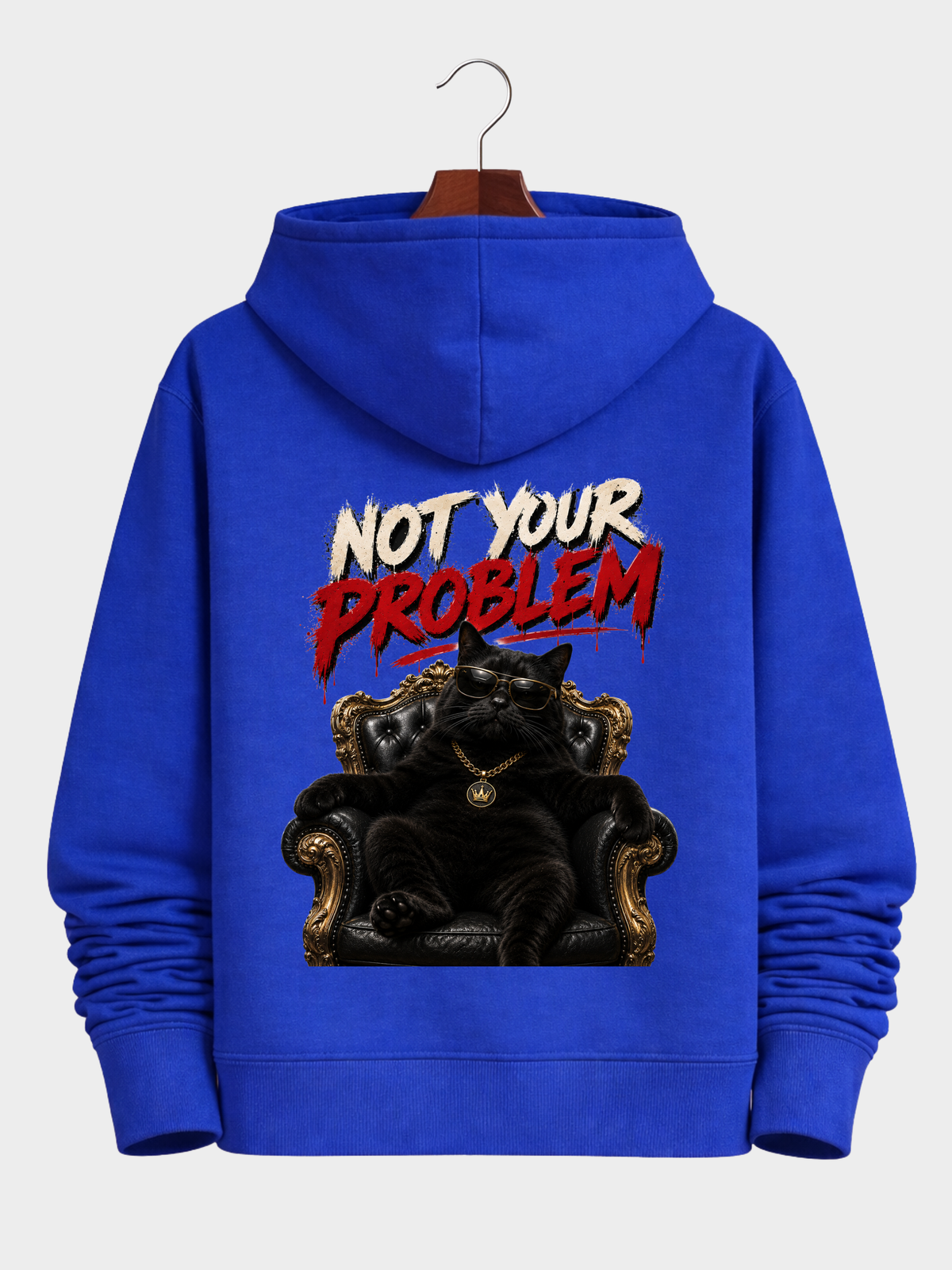 Königsblauer VYFINITY Not Your Problem Cruiser 2.0 Hoodie 350 GSM Rückansicht mit großem Katzen-Thron-Backprint und Schriftzug Not Your Problem