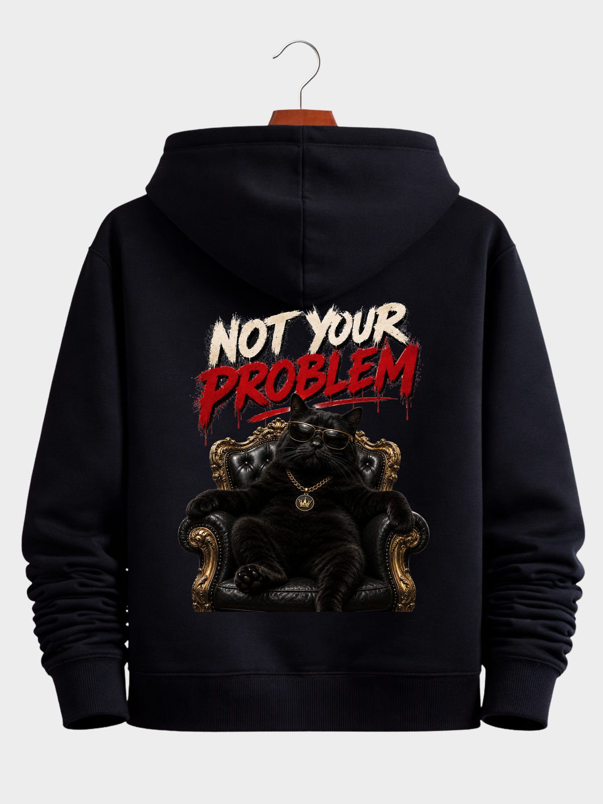 Schwarzer VYFINITY Not Your Problem Cruiser 2.0 Hoodie 350 GSM Rückansicht mit großem Katzen-Thron-Backprint auf Holzkleiderbügel