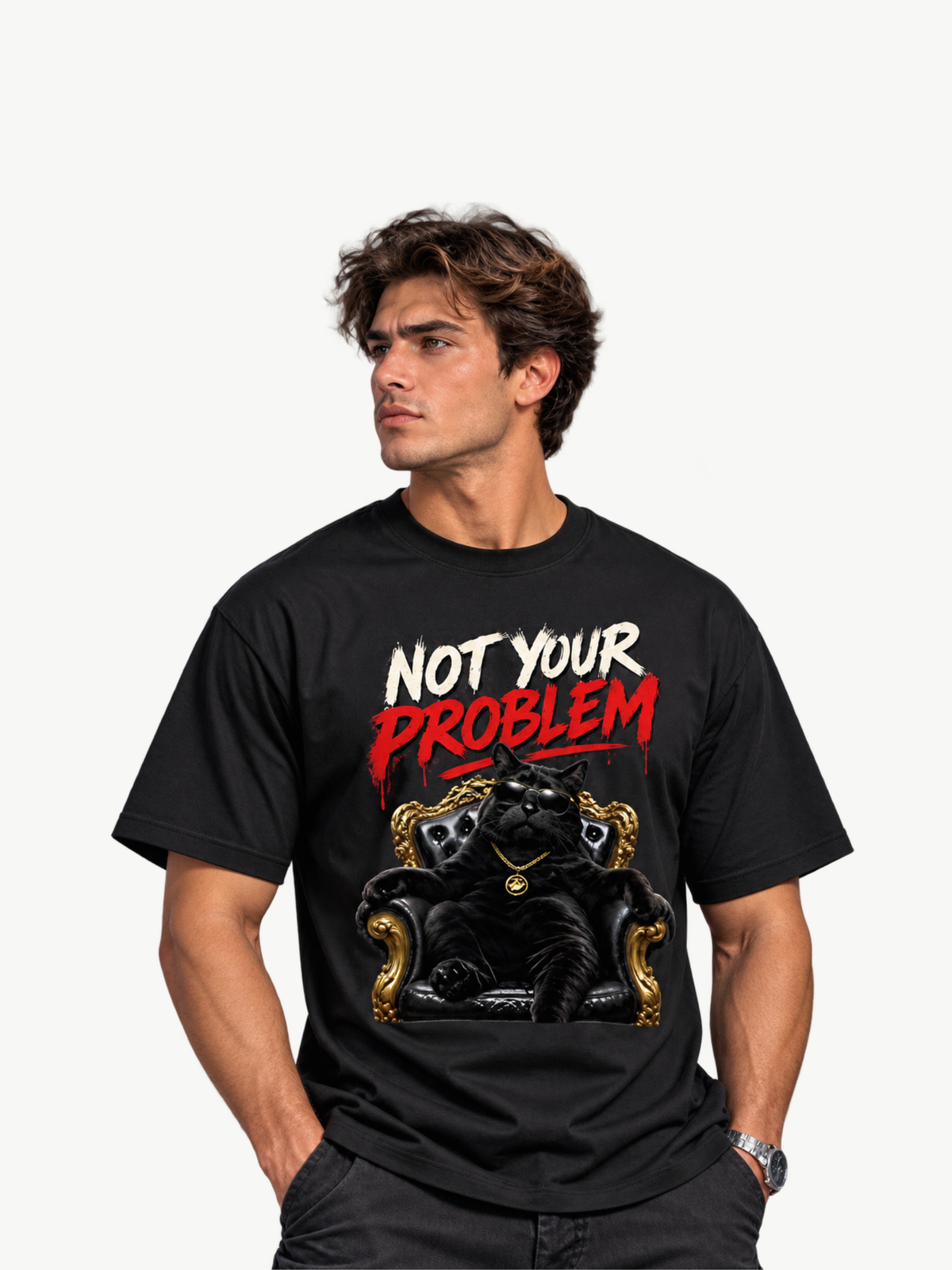 Männliches Model trägt das schwarze VYFINITY Not Your Problem Heavy T-Shirt 215 GSM mit großem Frontprint