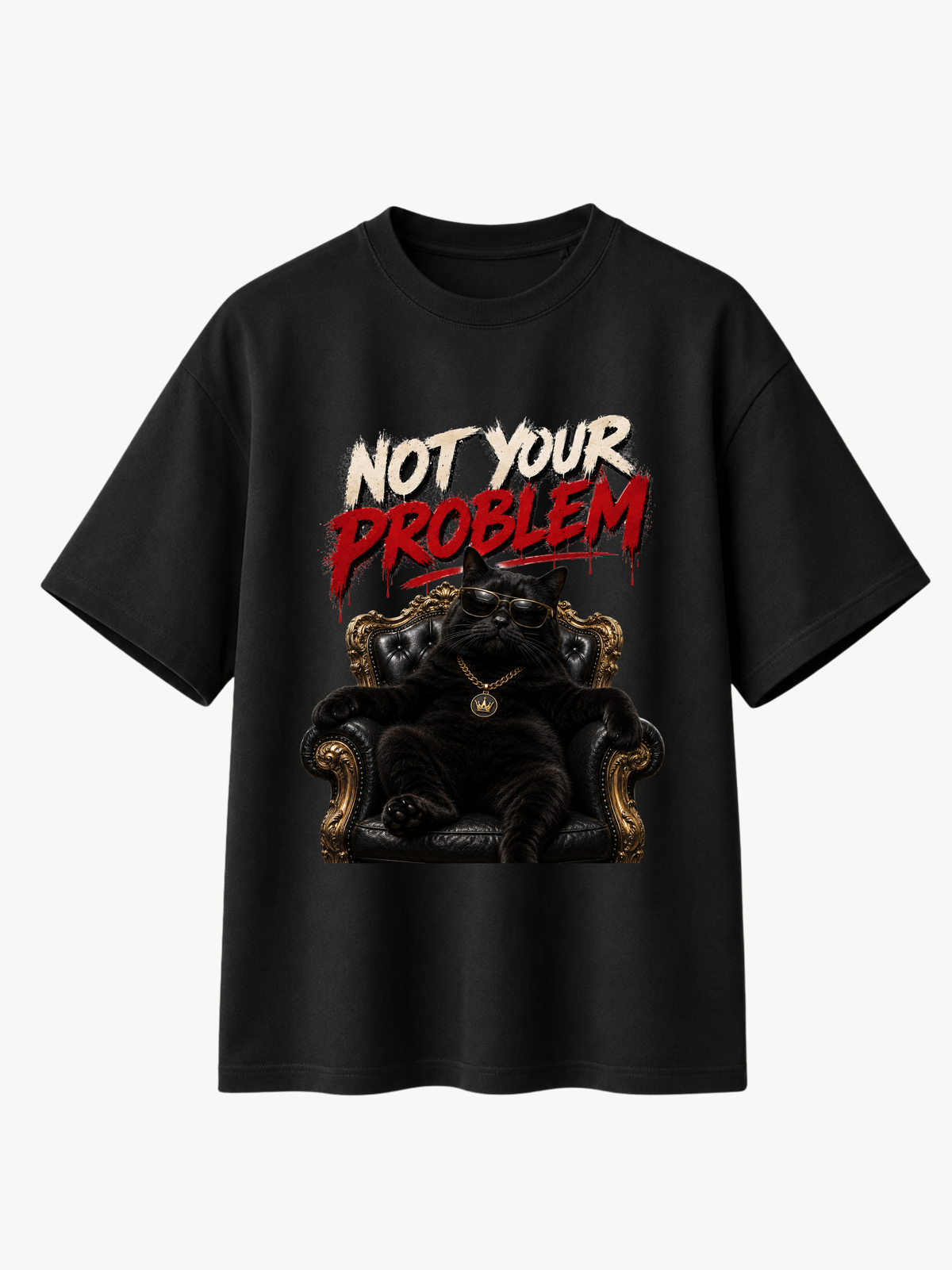Schwarzes VYFINITY Not Your Problem Heavy T-Shirt 215 GSM mit Katzenmotiv, goldenem Sessel und großem Frontprint