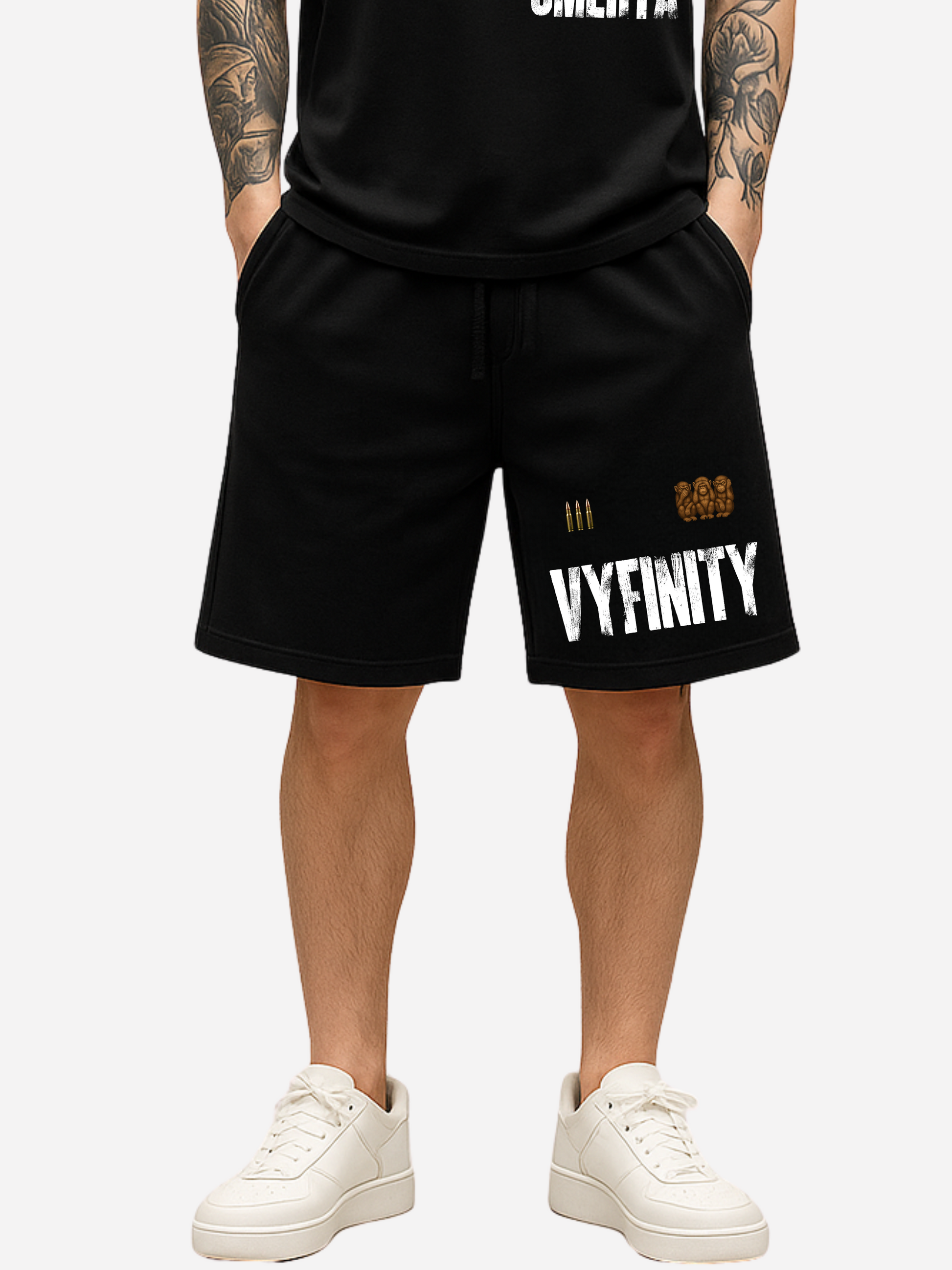 Vyfinity Omerta Shorts Detailansicht vorne – schwarzes Streetwear Herren Shorts mit Vyfinity Logo