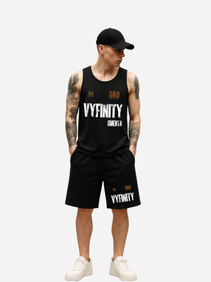 Vyfinity Omertà Streetwear Set in Schwarz – Herren Shorts mit Tanktop, sportliches Outfit für Gym, Training und Freizeit mit markantem Vyfinity Print