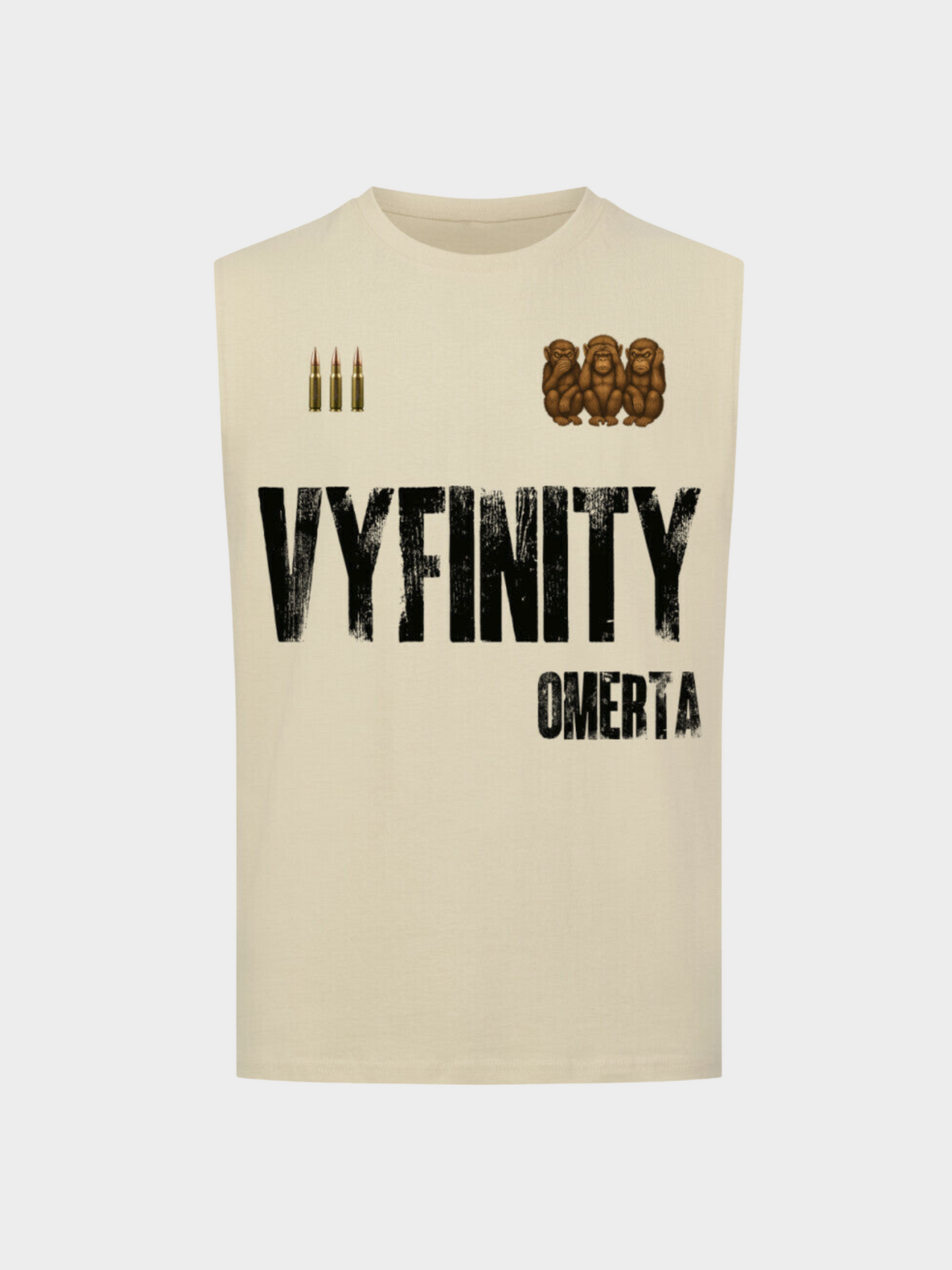 Vyfinity Omertà Tanktop in Beige – Unisex Streetwear Gym Sommer Tanktop mit großem Vyfinity Omertà Frontprint
