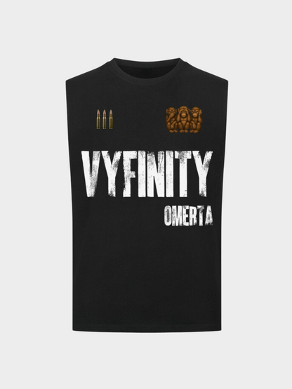 Vyfinity Omertà Tanktop in Schwarz – Unisex Streetwear & Gym Tanktop mit Frontprint Vyfinity Omertà für Sport, Training und Freizeit