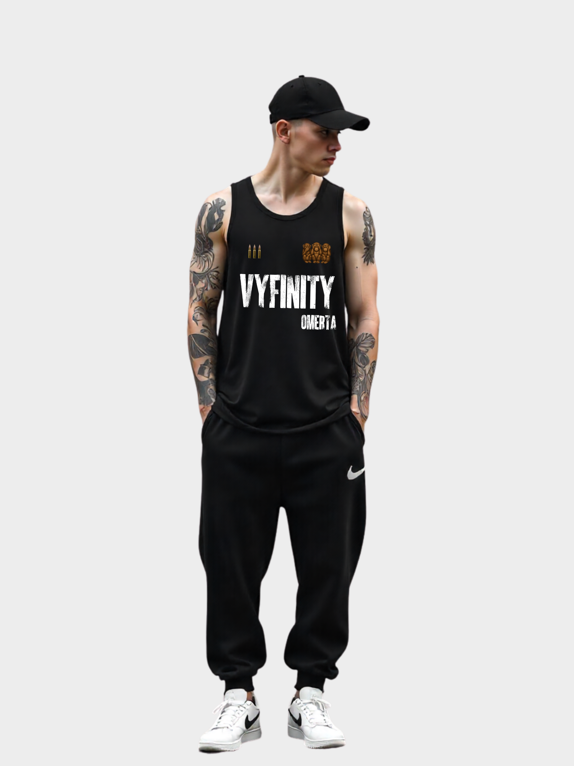 Vyfinity Omertà Tanktop in Schwarz – Unisex Gym & Streetwear Tanktop mit Frontdruck Vyfinity Logo für Sport, Fitness und Freizeit