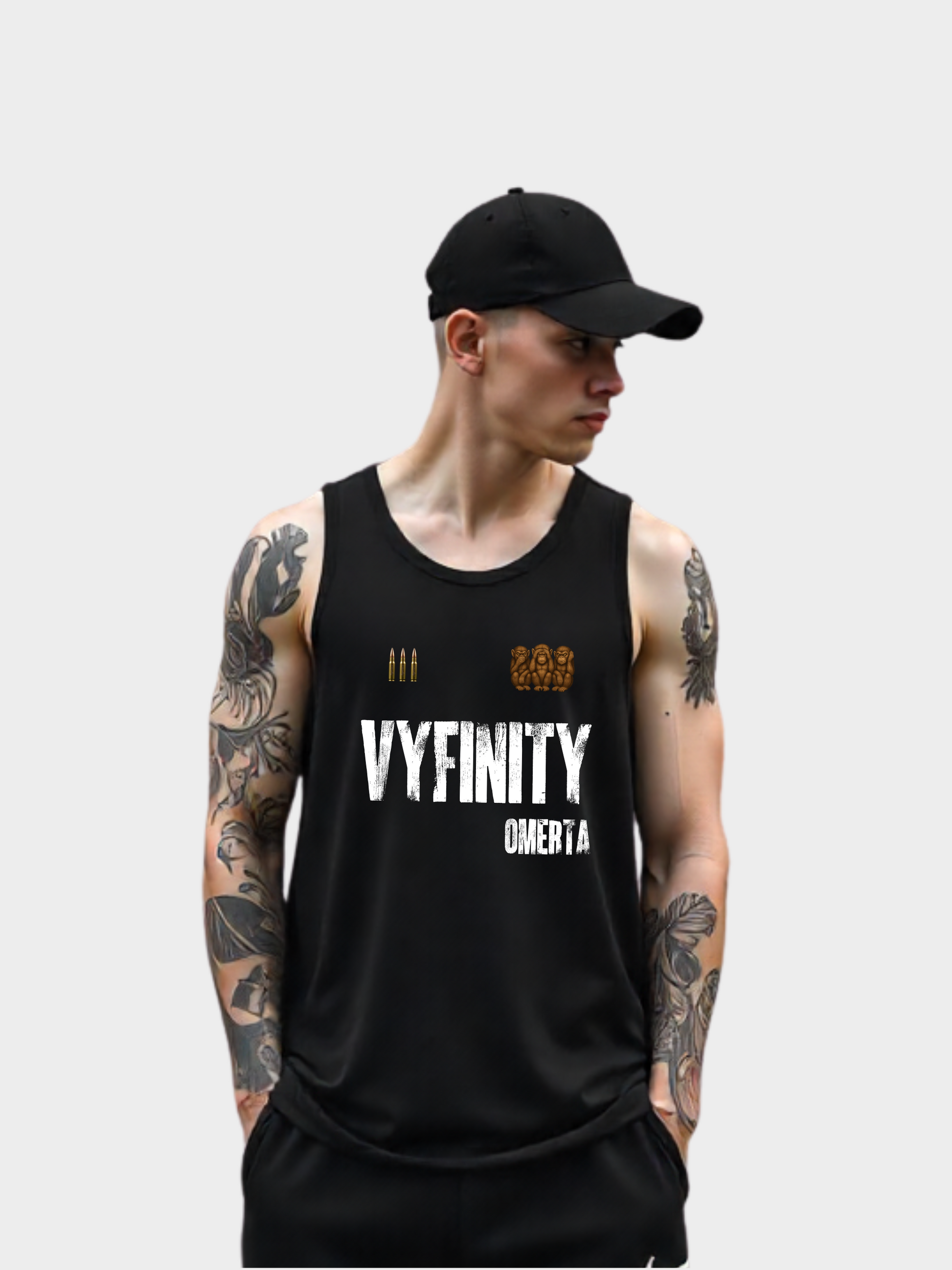 Vyfinity Omertà Tanktop in Schwarz – Unisex Streetwear Gym Tanktop mit Frontprint für Sport und Freizeit