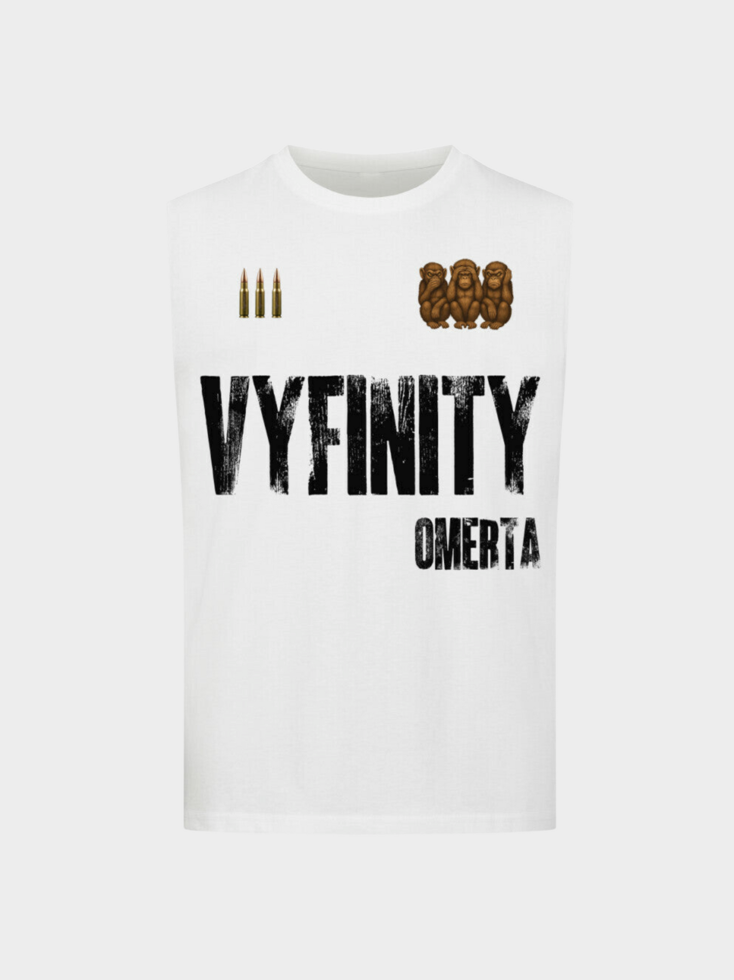 Vyfinity Omertà Tanktop in Weiß – Unisex Streetwear Gym Sommer Tanktop mit großem Frontprint Vyfinity Omertà