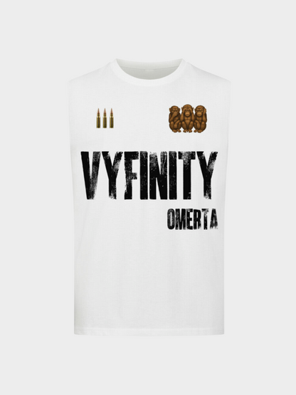 Vyfinity Omertà Tanktop in Weiß – Unisex Streetwear Gym Sommer Tanktop mit großem Frontprint Vyfinity Omertà
