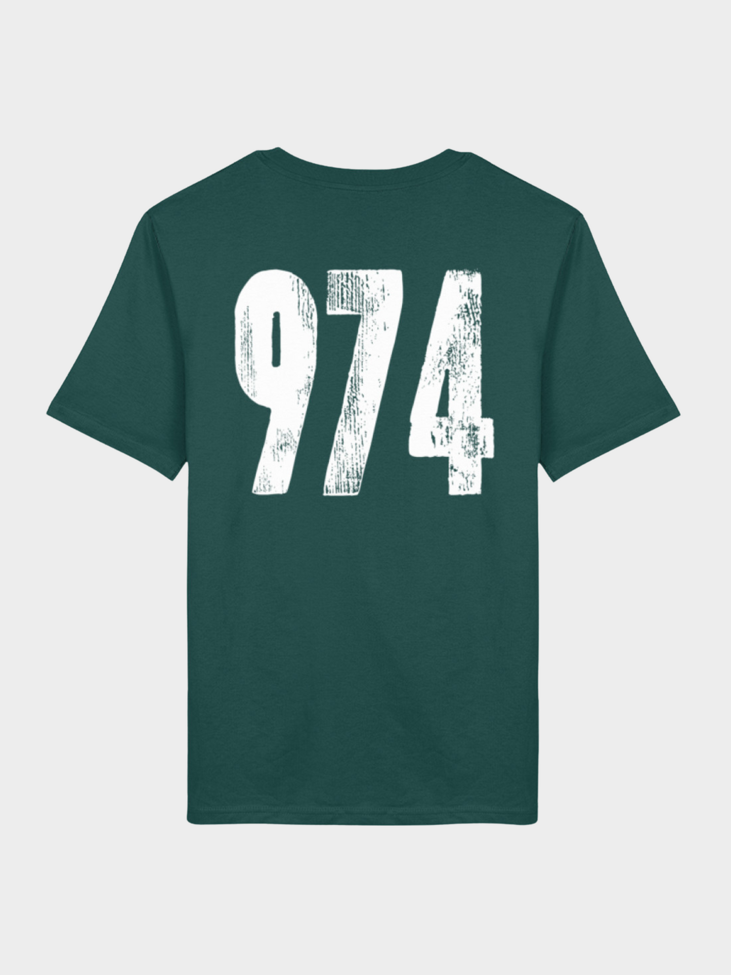 Vyfinity Omertà T-Shirt in Dunkelgrün mit großem 974 Backprint in Weiß, Flatlay Rückseite