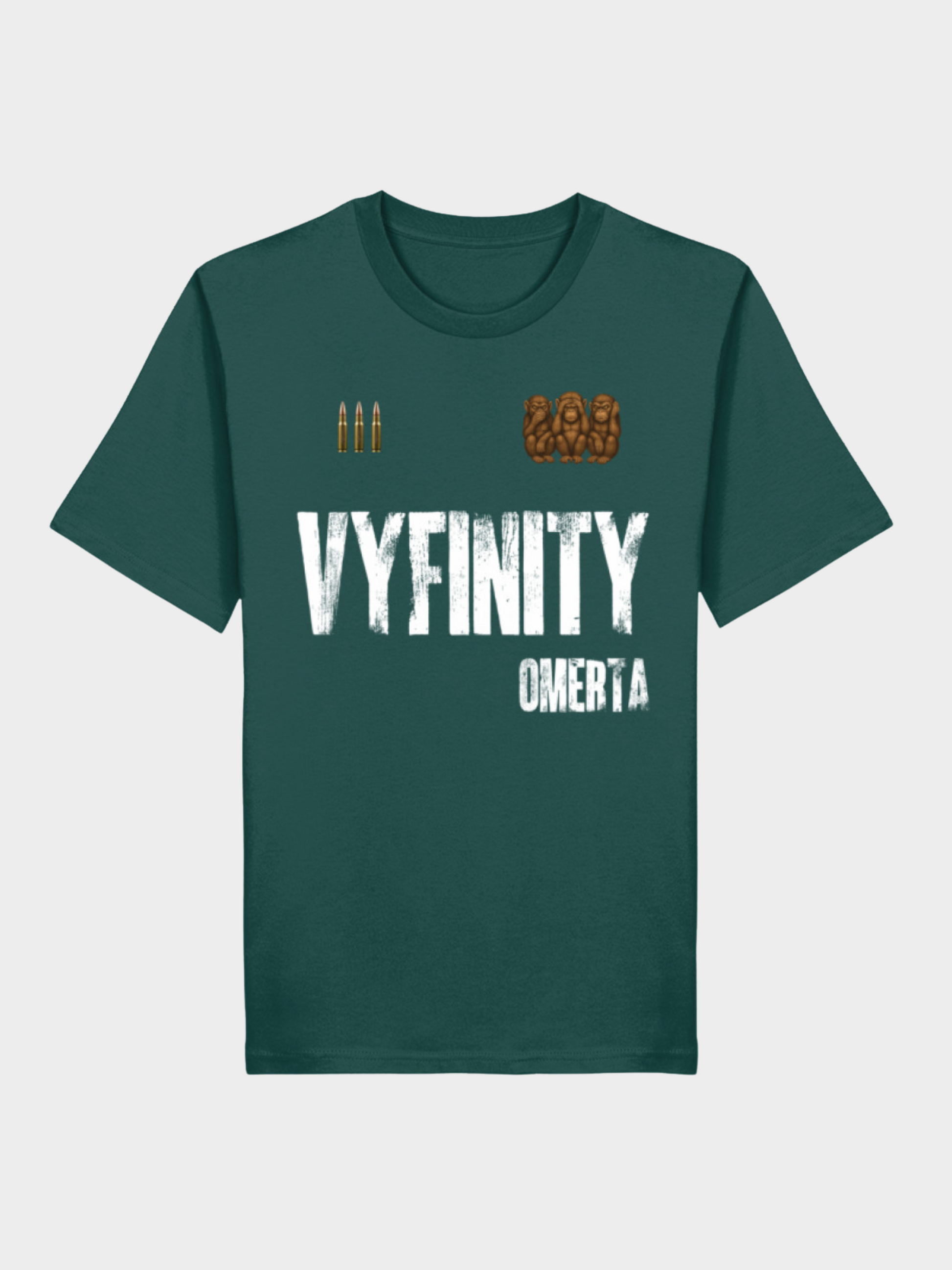 Vyfinity Omertà T-Shirt in Dunkelgrün mit weißem Frontprint und goldenen Details, Flatlay Vorderseite