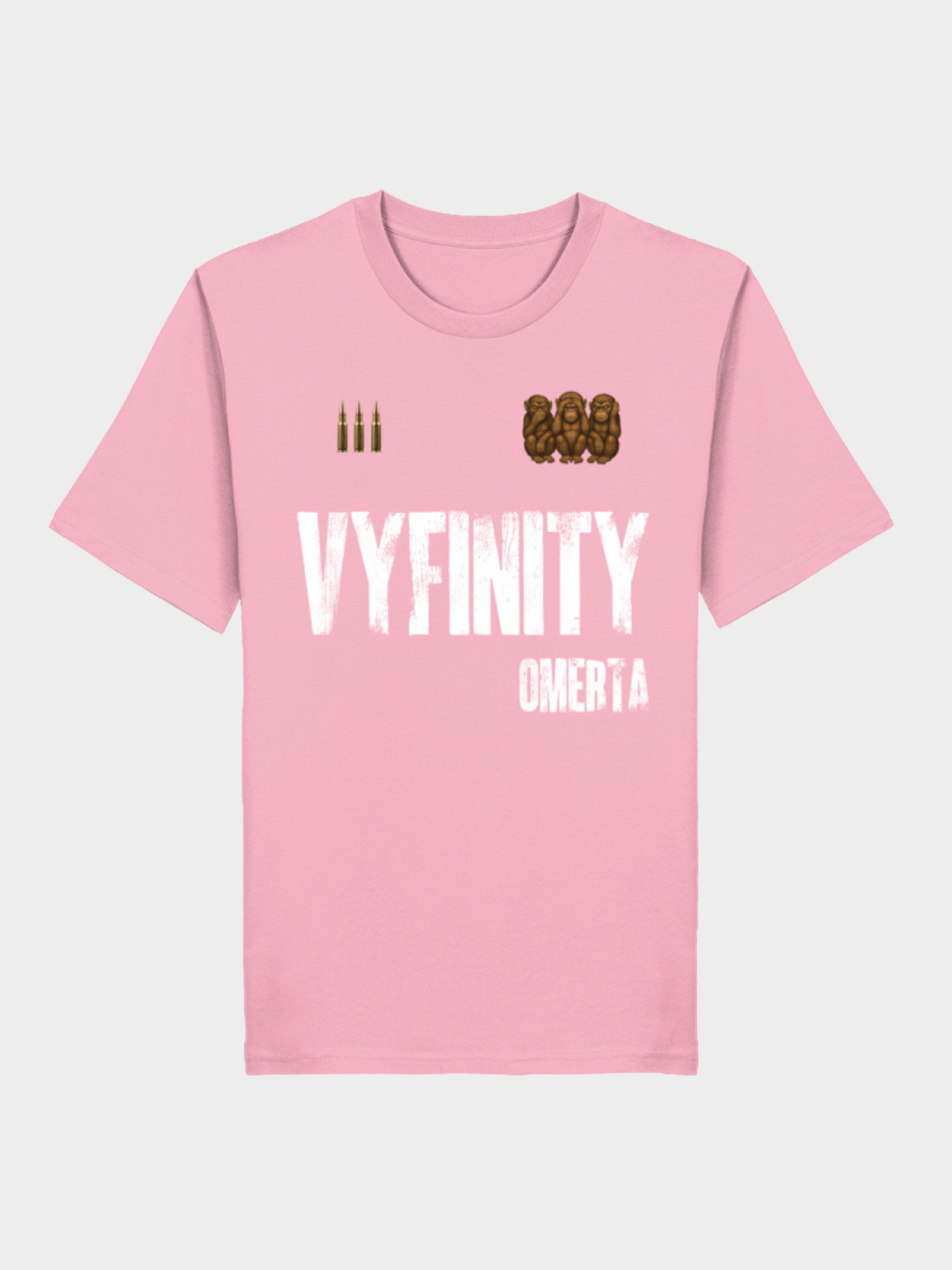 Vyfinity Omertà T-Shirt in Rosa mit Frontprint Vyfinity Logo, Kugeln und Omertà Schriftzug