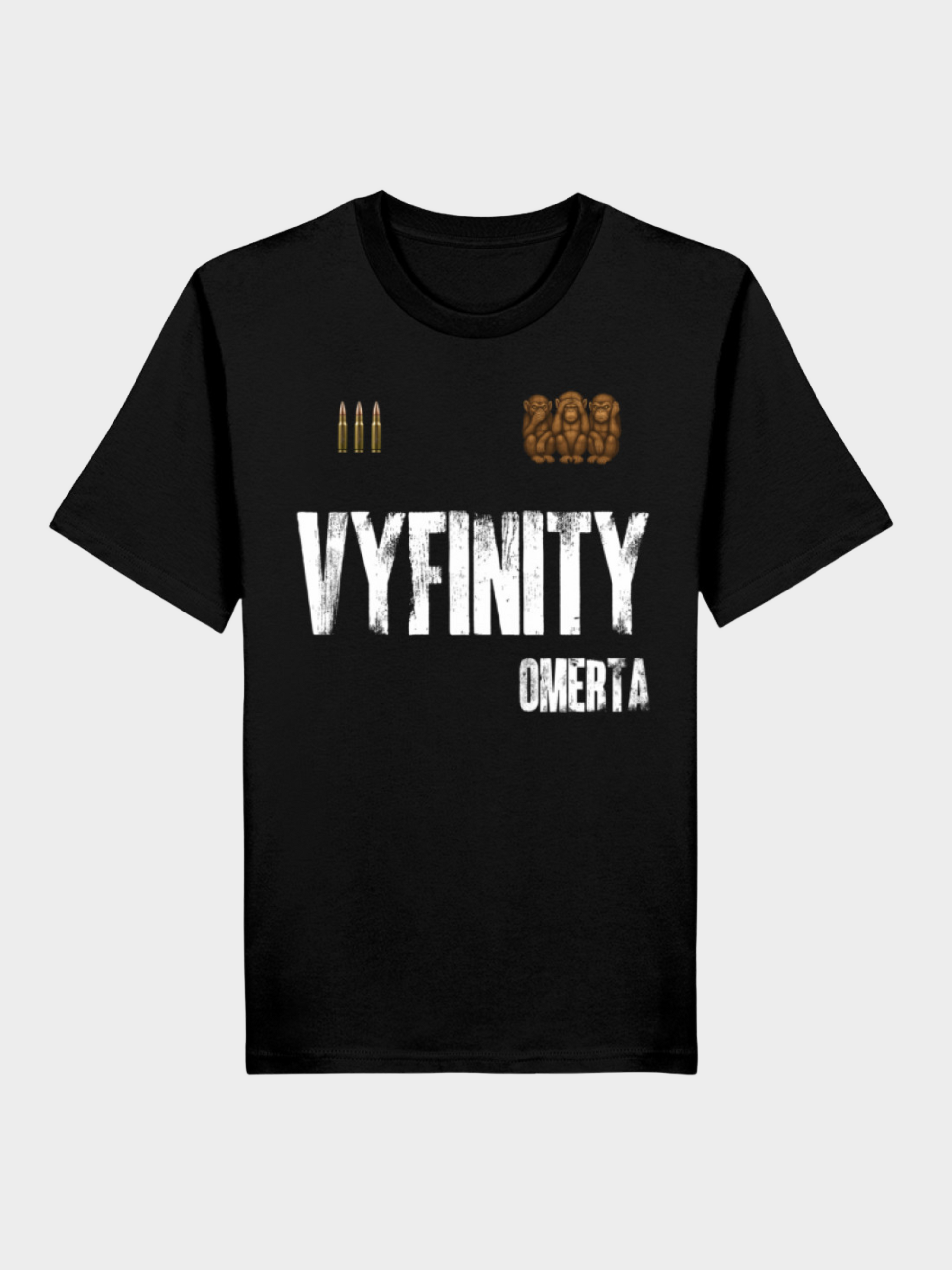 Vyfinity Omertà T-Shirt in Schwarz mit Logo, Patronen und Maskenprint auf der Vorderseite
