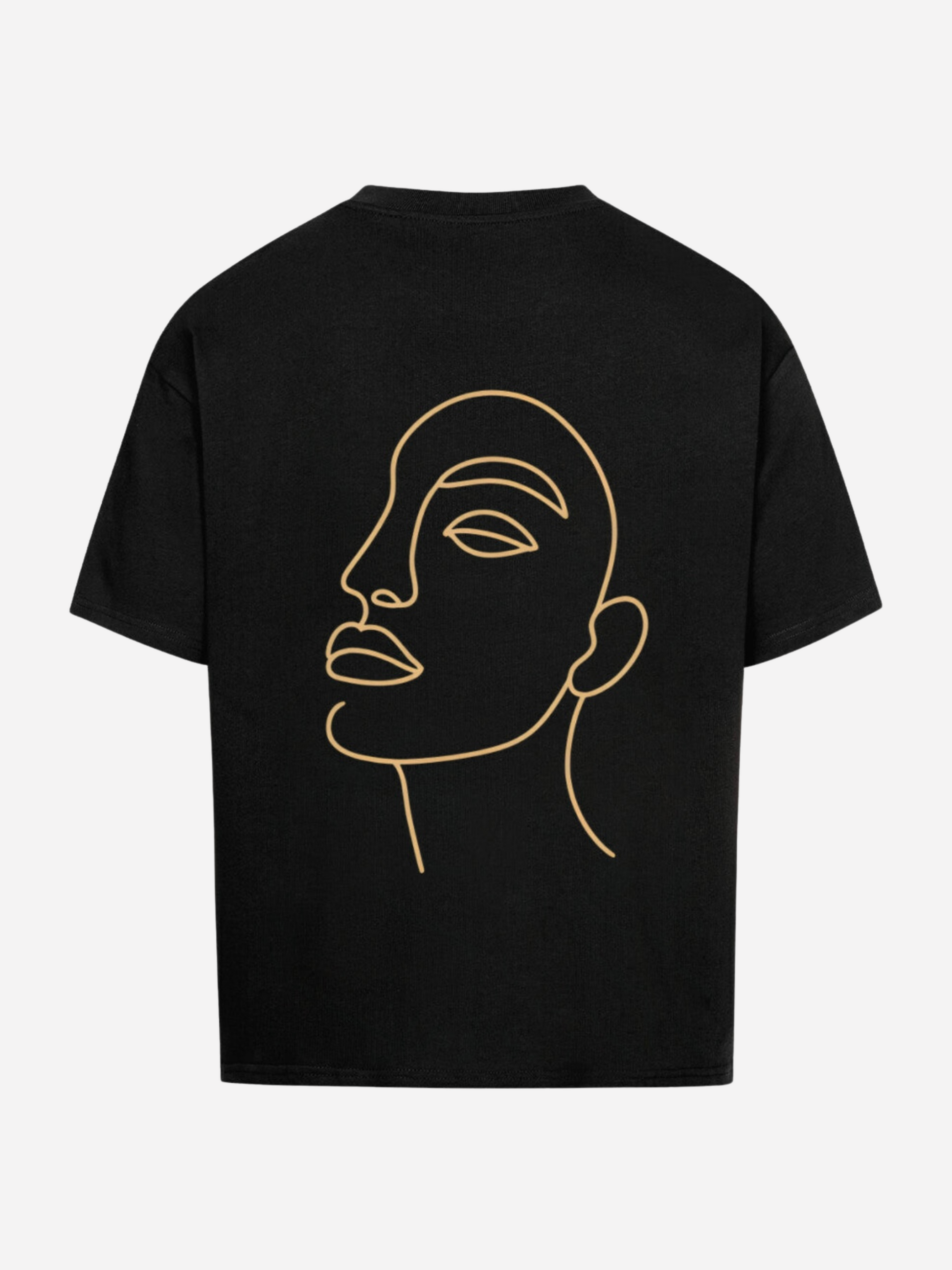 Vyfinity Oversize T-Shirt in Schwarz mit großem Line-Art Gesicht Rückenprint. Modernes Unisex Streetwear Shirt, künstlerisch und minimalistisch, ideal für urbanen Style und kreative Outfits.