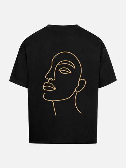 Vyfinity Oversize T-Shirt in Schwarz mit großem Line-Art Gesicht Rückenprint. Modernes Unisex Streetwear Shirt, künstlerisch und minimalistisch, ideal für urbanen Style und kreative Outfits.