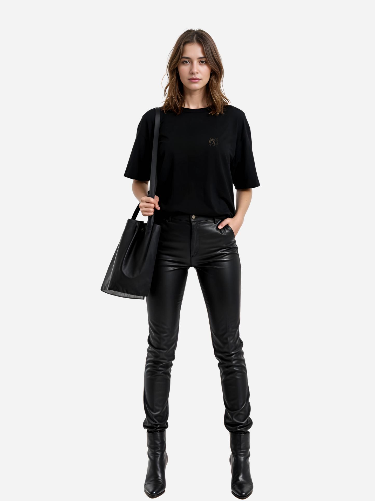 Vyfinity Oversize T-Shirt in Schwarz mit kleinem Line-Art Gesicht auf der Vorderseite, getragen von Frau mit Lederhose und schwarzer Tasche. Modernes Streetwear Outfit für urbanen Lifestyle.