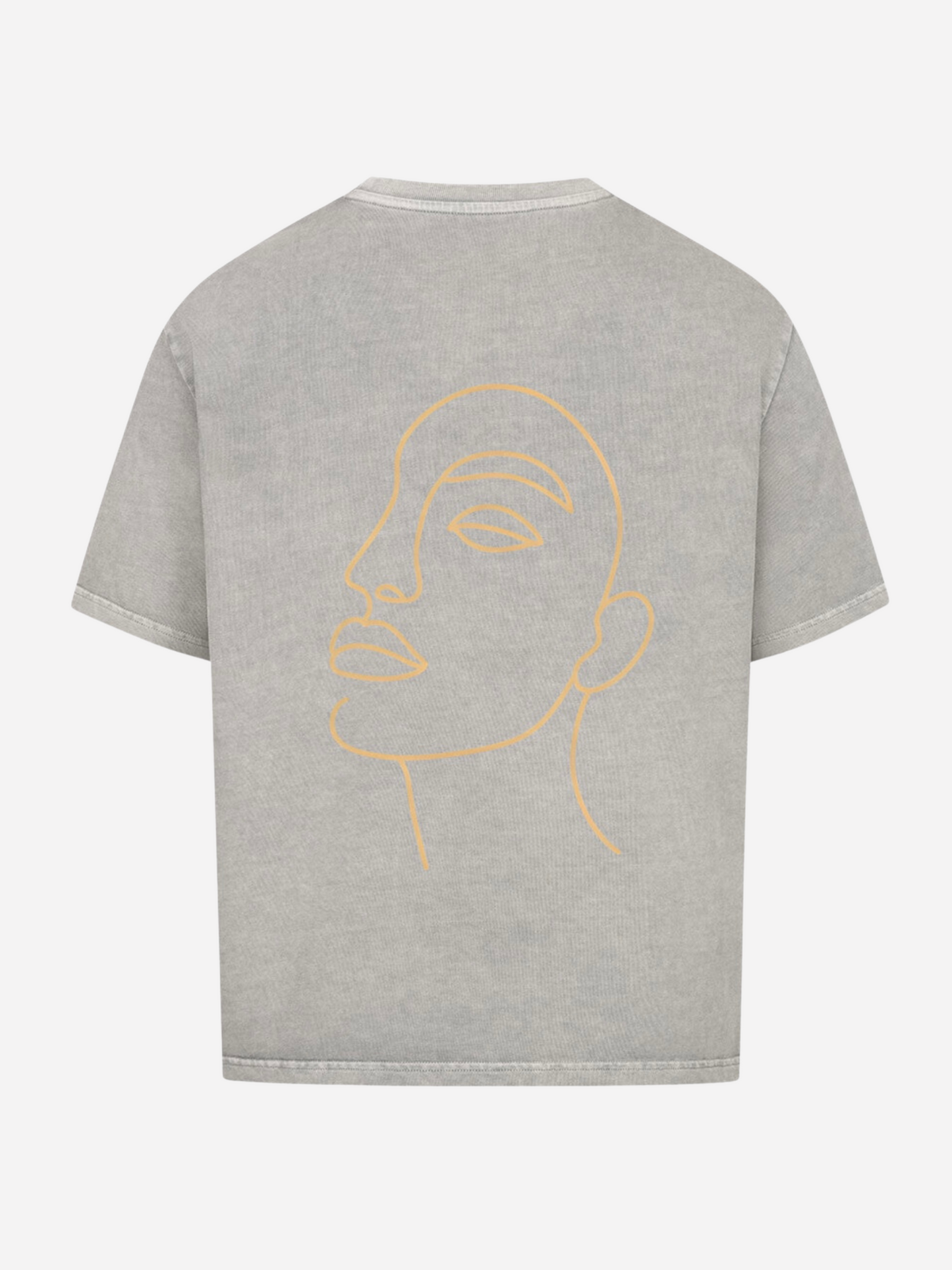 Vyfinity Oversize T-Shirt in Grau mit großem Line-Art Gesicht auf der Rückseite. Modernes Unisex Streetwear Shirt, minimalistisches Design, perfekt für urbane Styles und trendige Outfits.