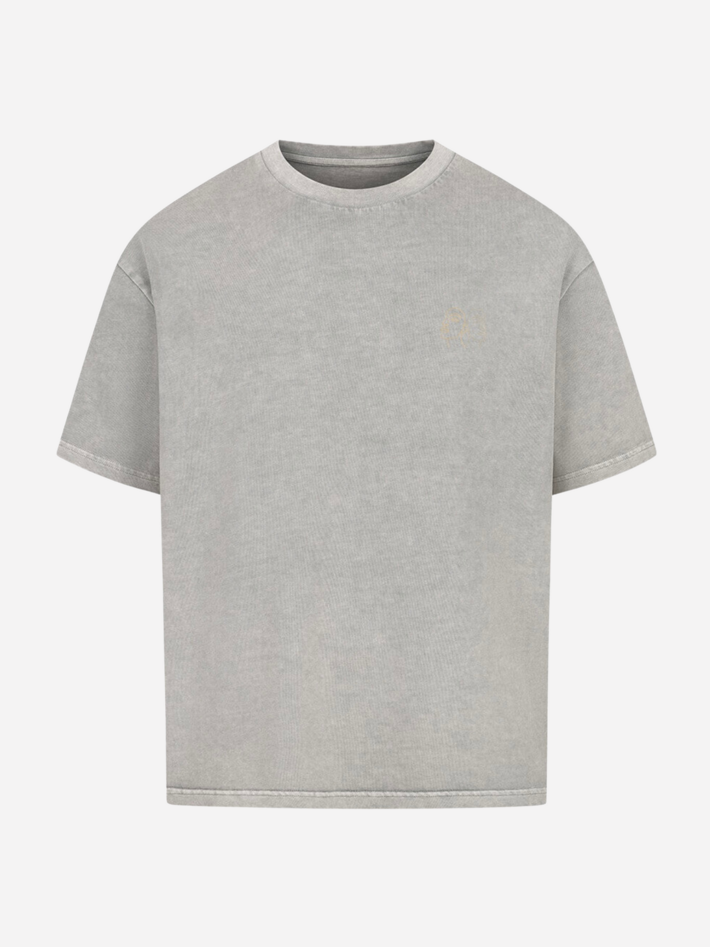 Vyfinity Oversize T-Shirt in Grau mit kleinem Line-Art Gesicht auf der Brust. Modernes minimalistisches Streetwear Shirt, Unisex Design für urbane Outfits und trendige Alltagslooks.