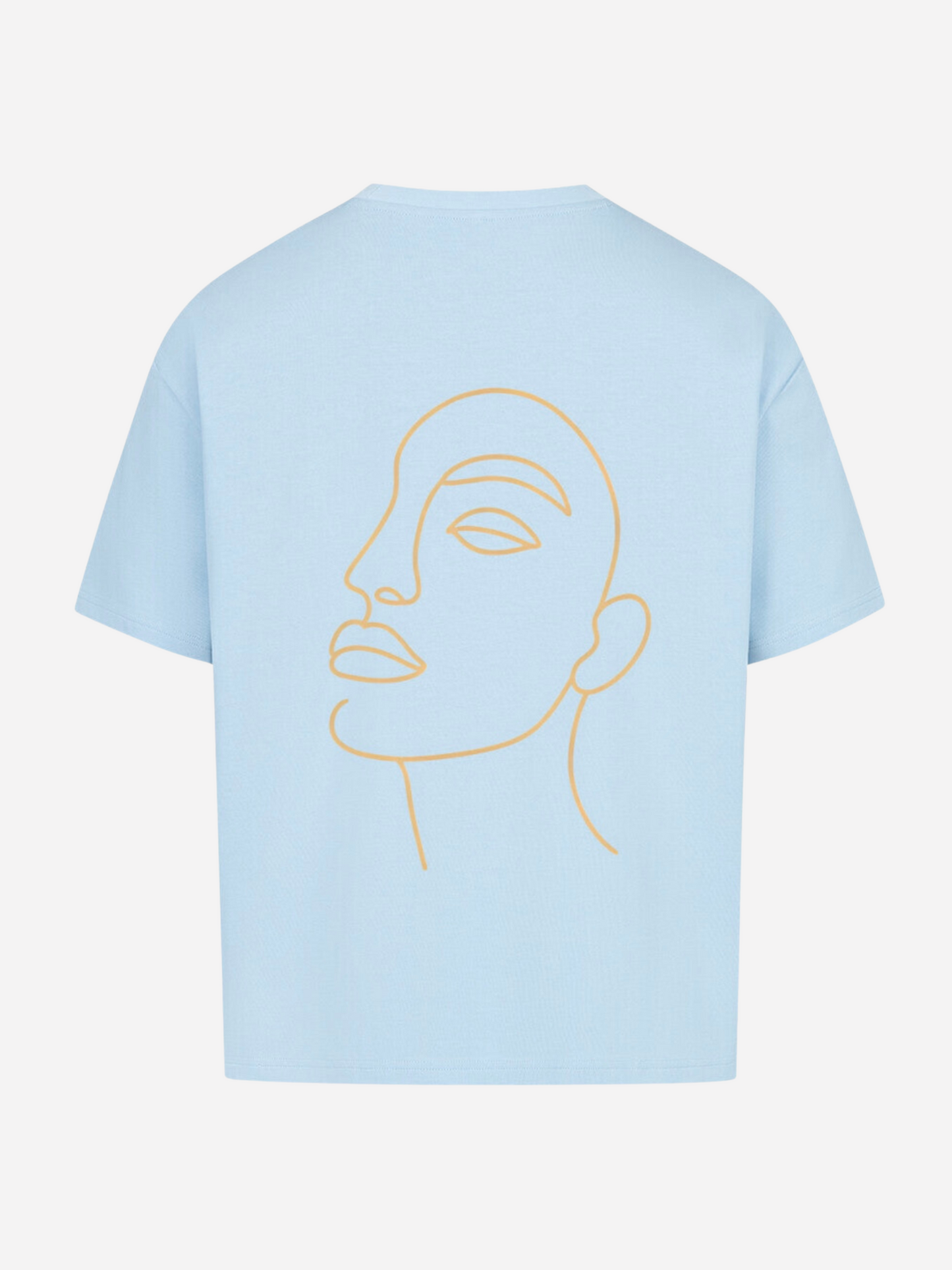 Vyfinity Oversize T-Shirt in Hellblau mit großem Line-Art Gesicht auf dem Rücken. Modernes Unisex Streetwear Shirt, minimalistisches künstlerisches Design, ideal für urbane Styles und sommerliche Outfits.