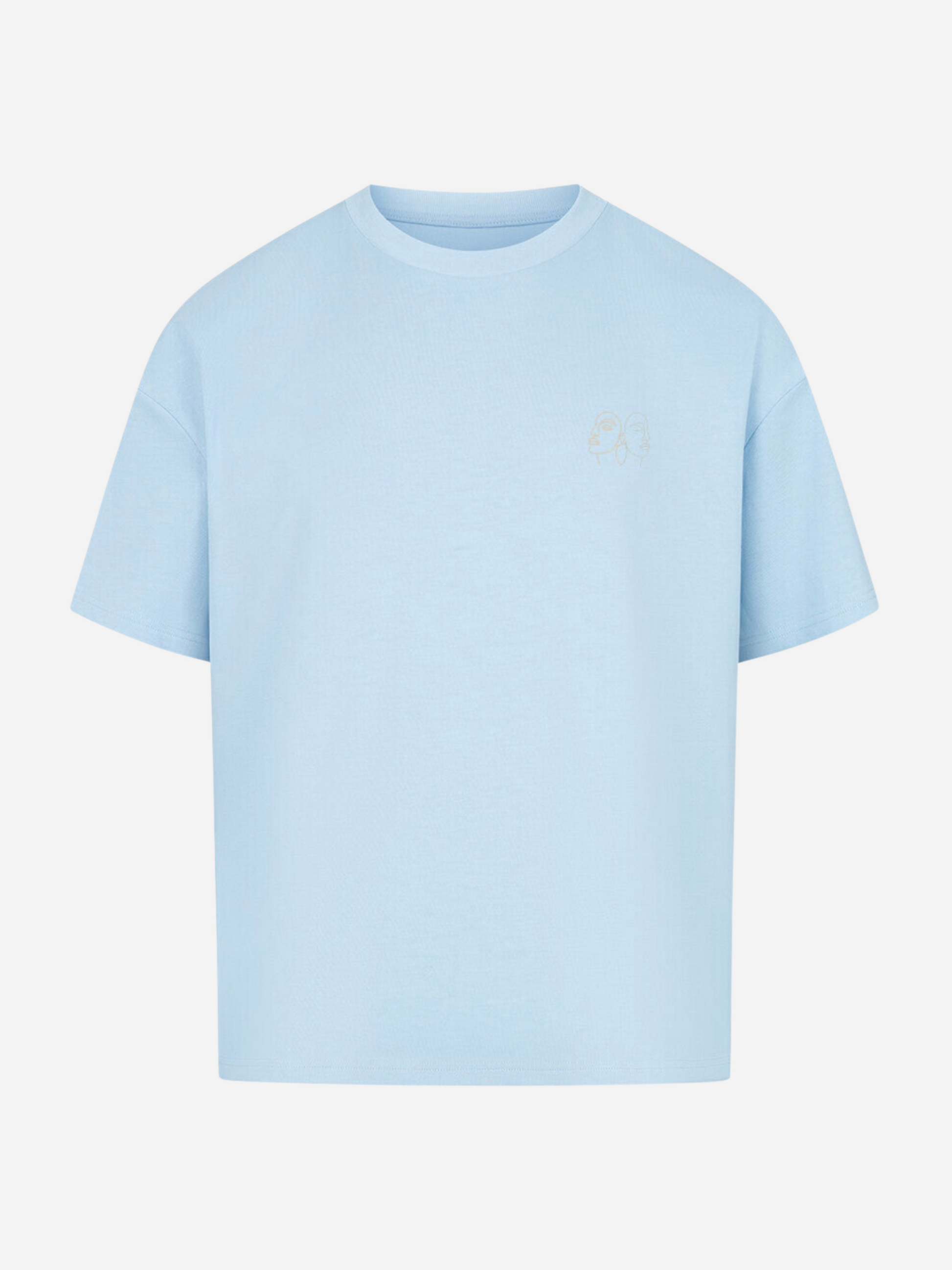 Vyfinity Oversize T-Shirt in Hellblau mit kleinem Line-Art Logo auf der Brust. Modernes Unisex Streetwear Shirt, minimalistisches Design, ideal für sommerliche Outfits und urbanen Lifestyle.