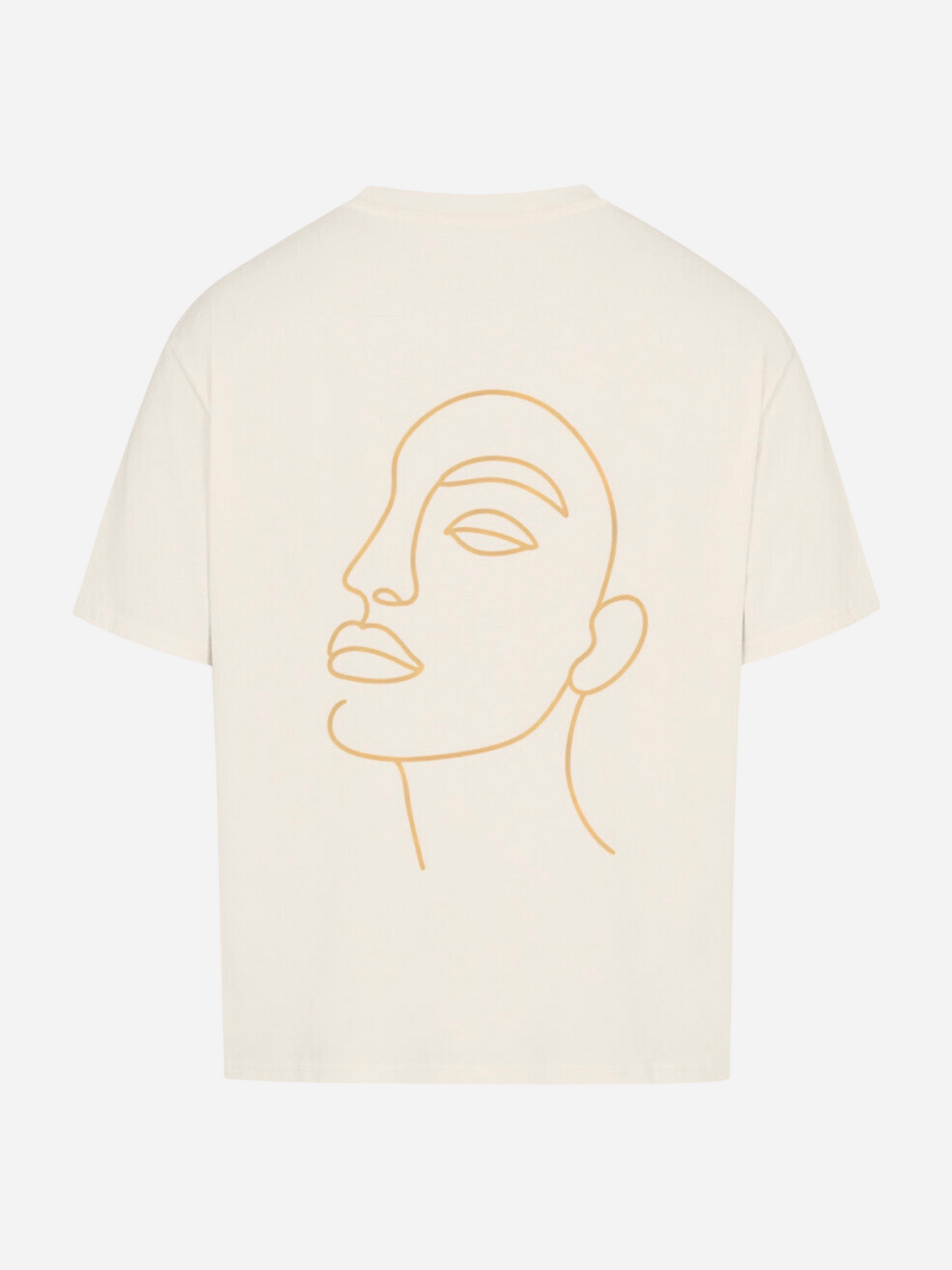Vyfinity Oversize T-Shirt in Off-White mit großem Line-Art Gesichtsmotiv als Rückendruck. Modernes Unisex Streetwear Shirt im Oversize-Look, minimalistisch und künstlerisch inspiriert.