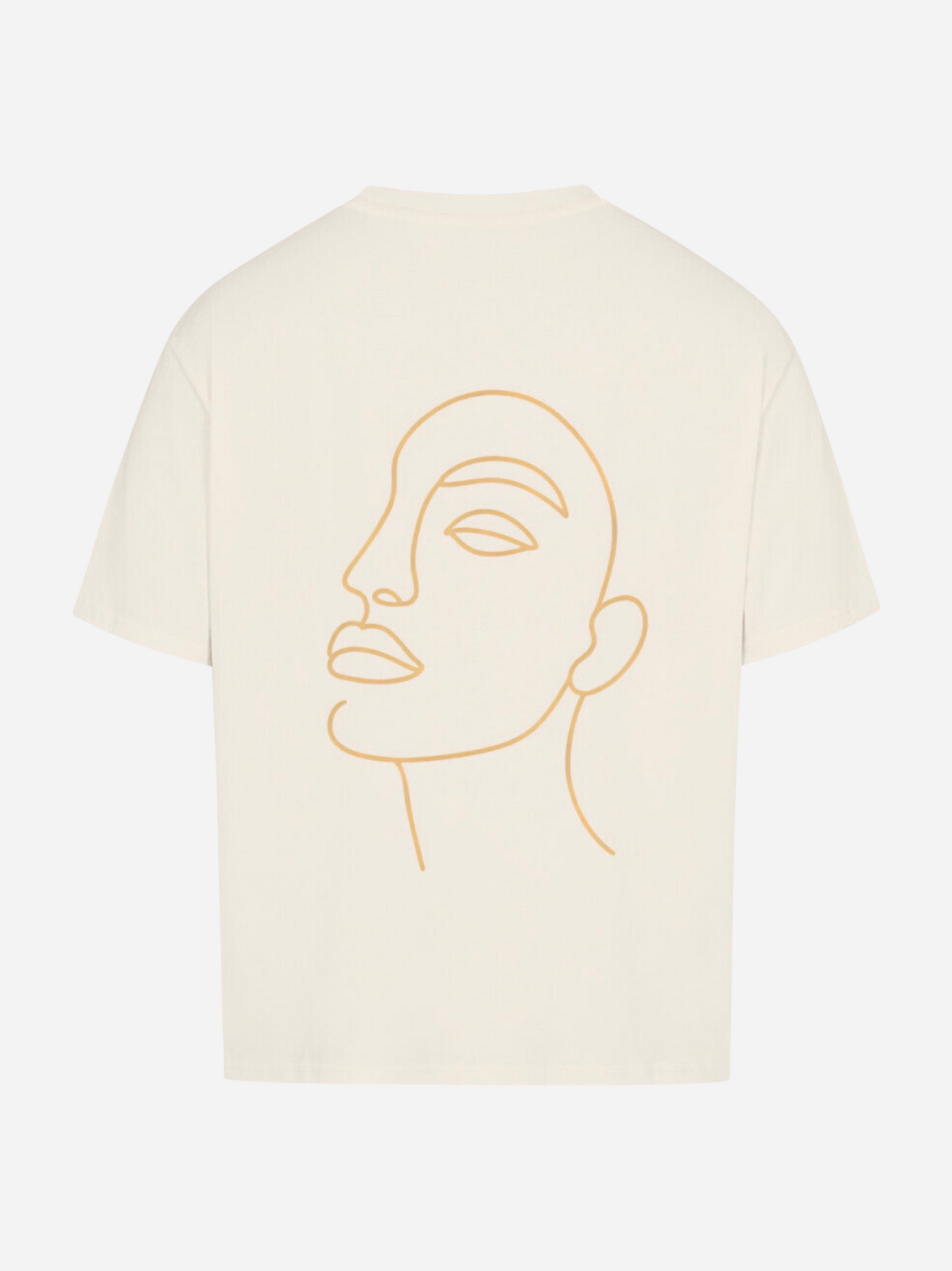 Vyfinity Oversize T-Shirt in Off-White mit großem Line-Art Gesichtsmotiv als Rückendruck. Modernes Unisex Streetwear Shirt im Oversize-Look, minimalistisch und künstlerisch inspiriert.